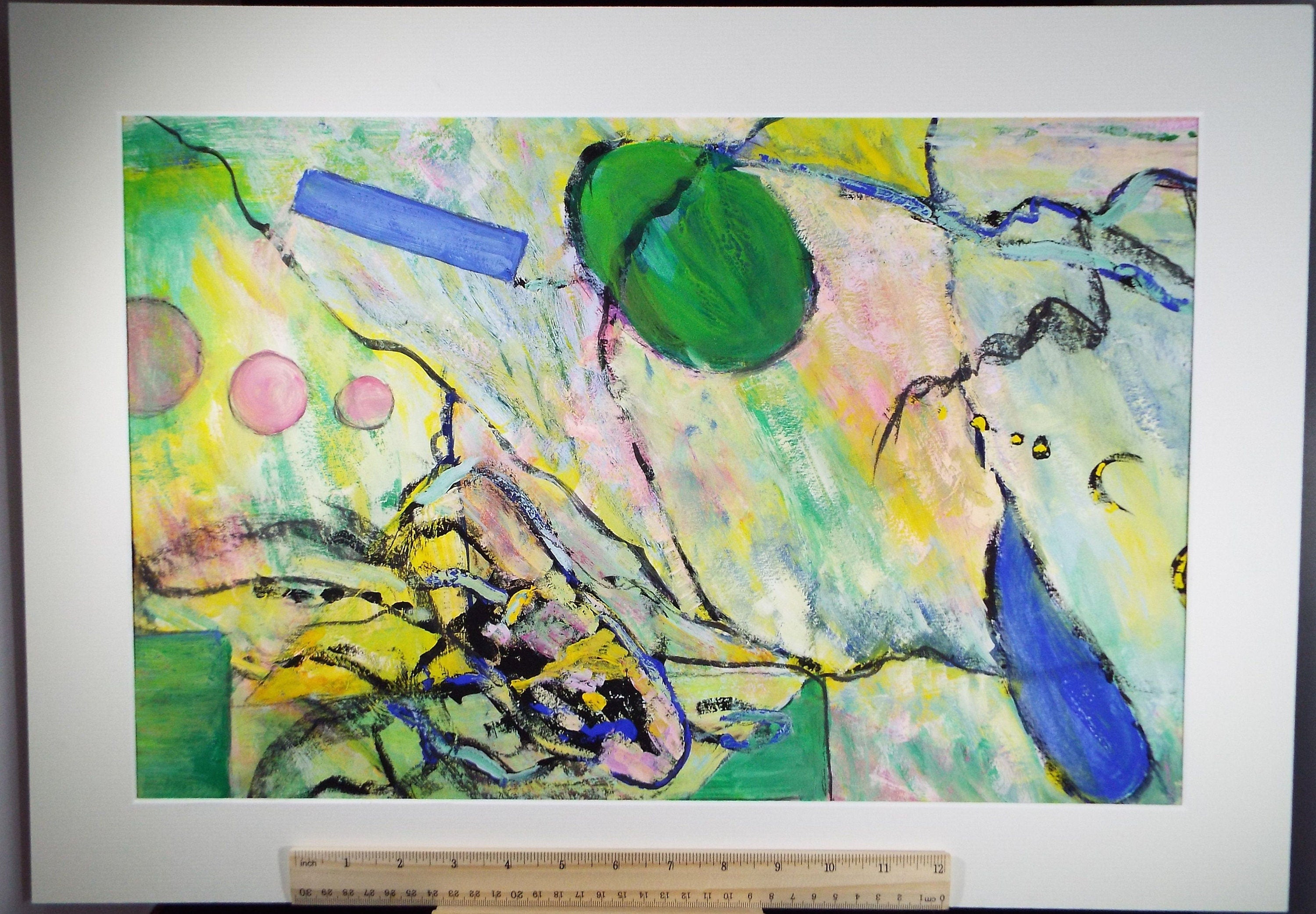 Original Acrylic on Paper, 'Abstract with Circular Forms', Late 20th Century, Artist Unknown