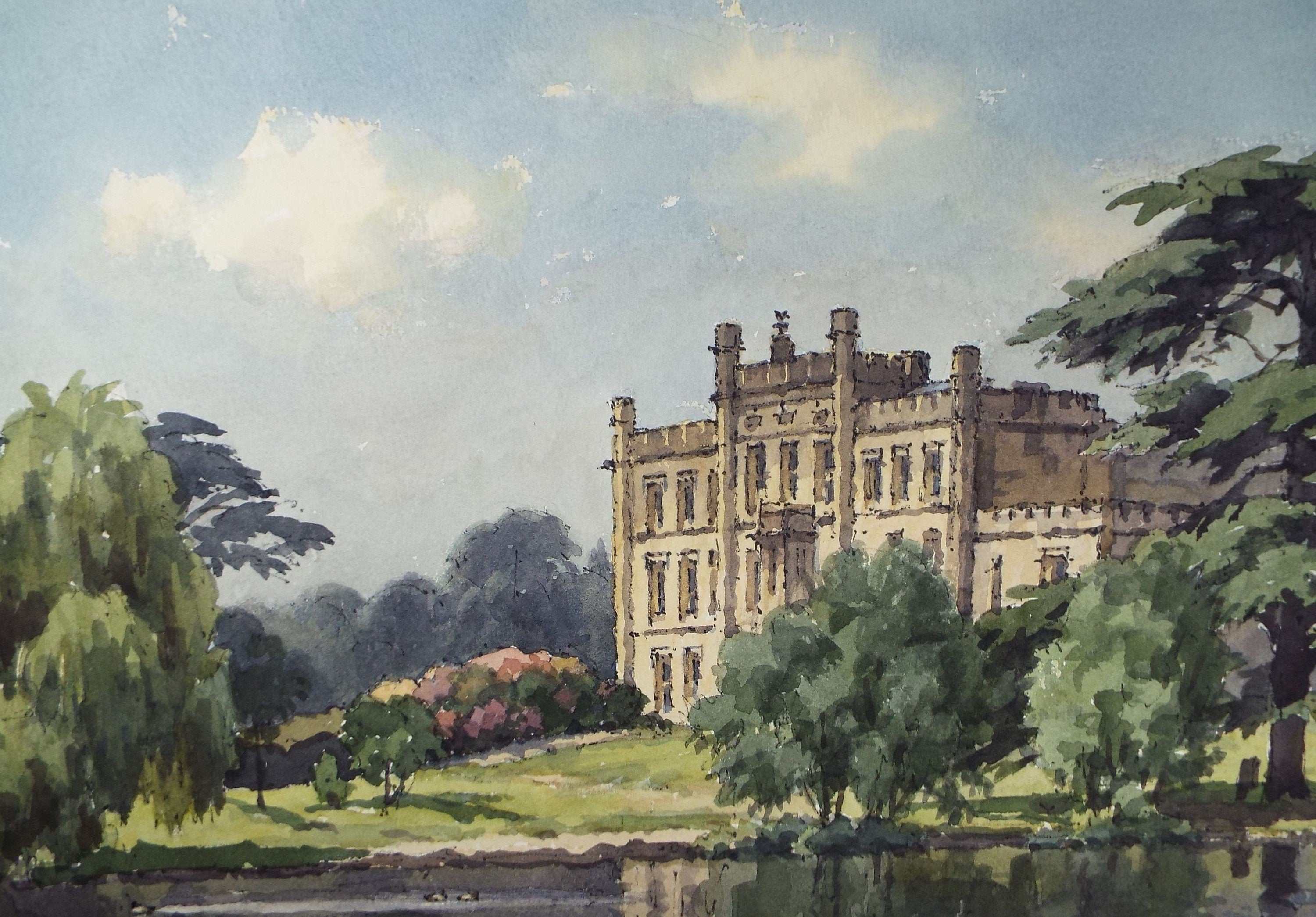 Original Watercolour on Paper, 'Stately Home with Lake', Edward Albert Hickling (1913-1998), Circa 1950's