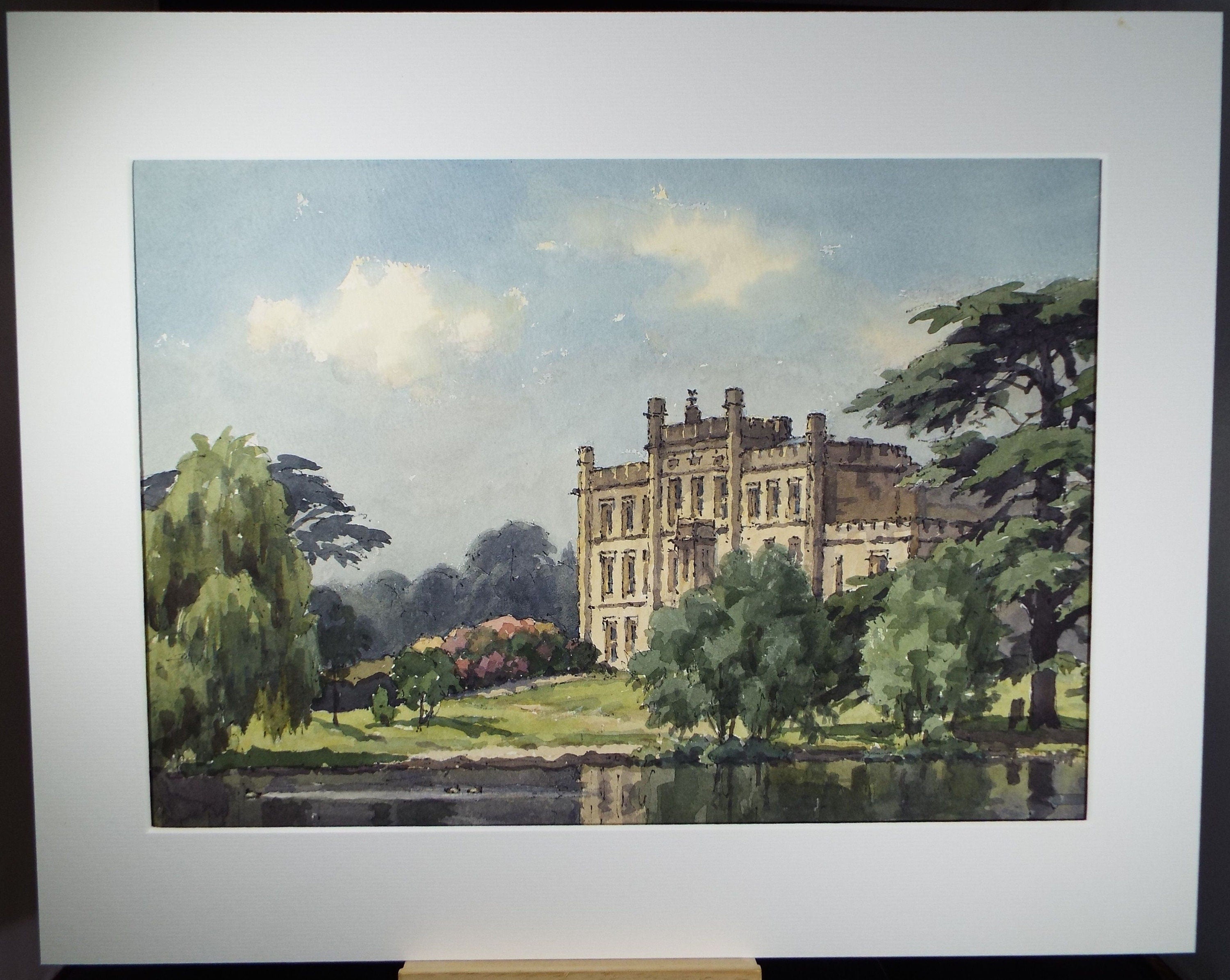 Original Watercolour on Paper, 'Stately Home with Lake', Edward Albert Hickling (1913-1998), Circa 1950's