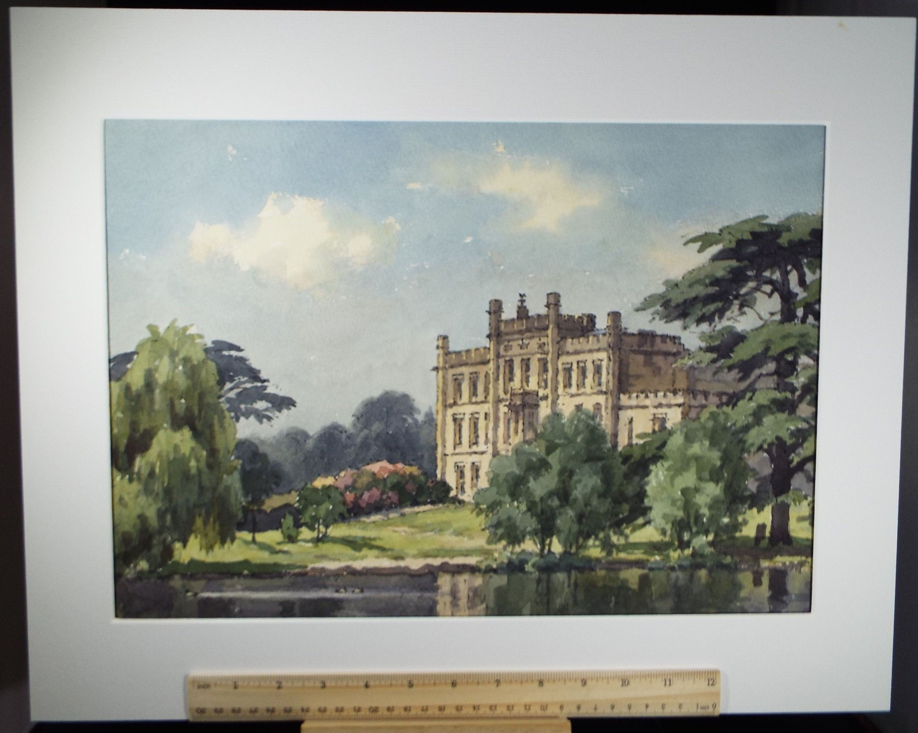 Original Watercolour on Paper, 'Stately Home with Lake', Edward Albert Hickling (1913-1998), Circa 1950's