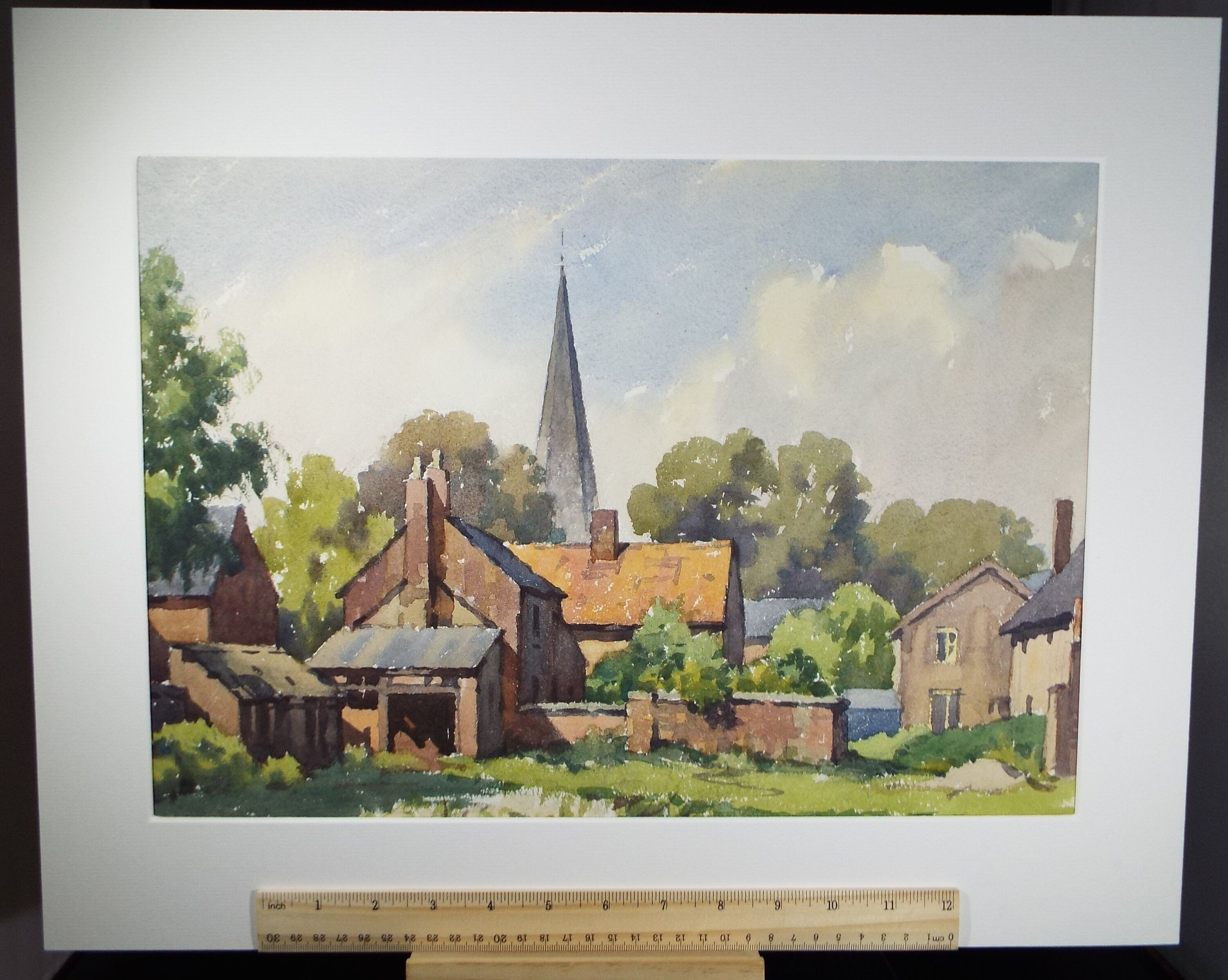 Original Watercolour on Paper, 'Farm Buildings with Church Spire' Edward Albert Hickling (1913-1998), Circa 1950's
