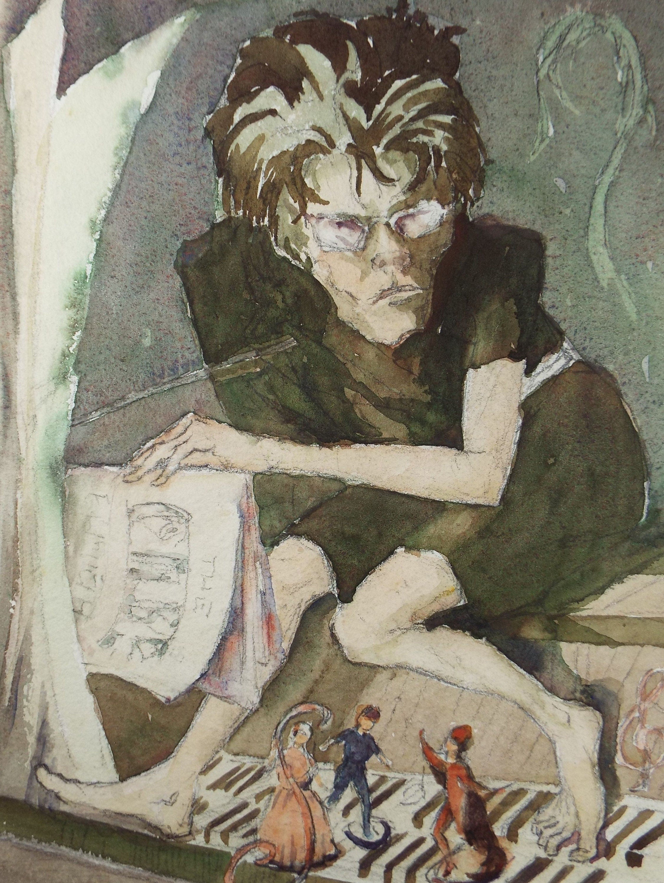 Original Watercolour, 'Surrealist Piano Teacher', c1950's - Robert Case (20th Century British)