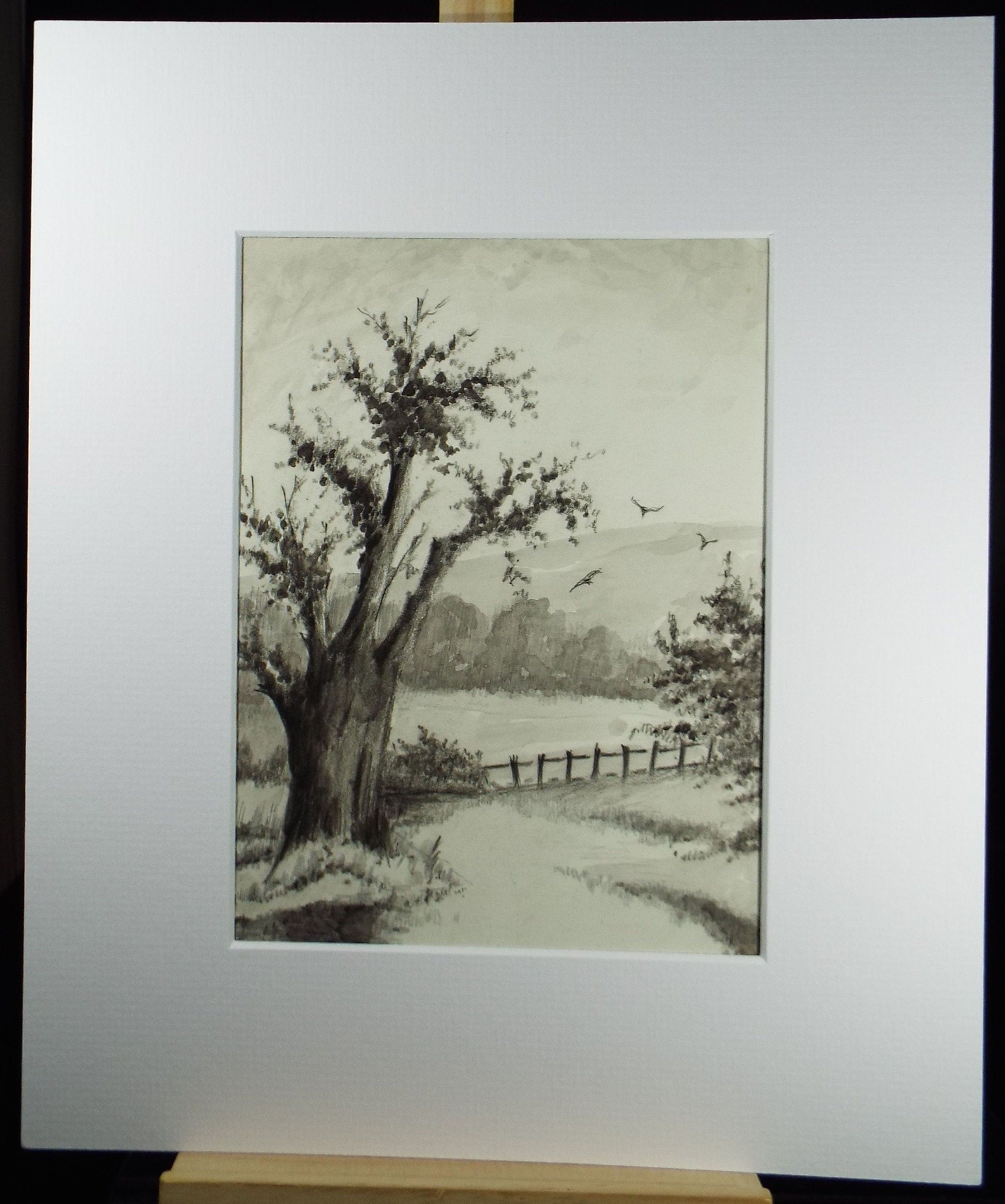 Original Ink and Wash 'Tree Study with Distant Fields' 1940's, A Simmons