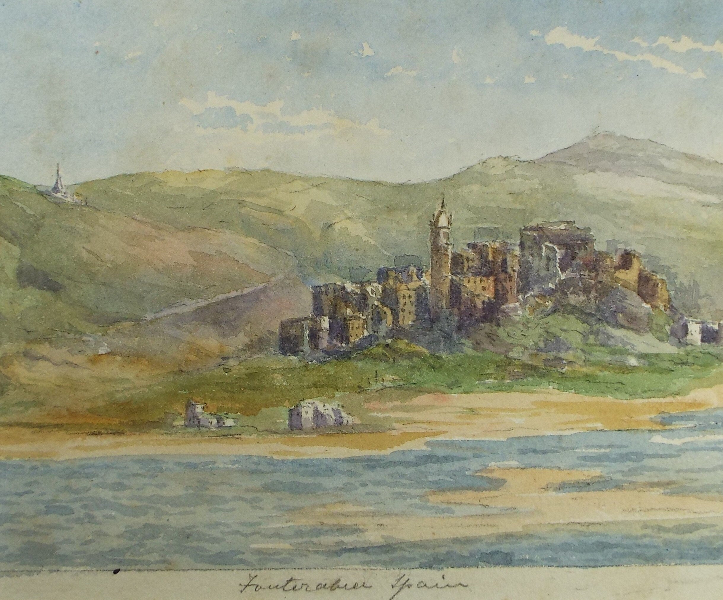Original Watercolour , 'Waterside Town - Spain', Late 19th Century, Unknown artist