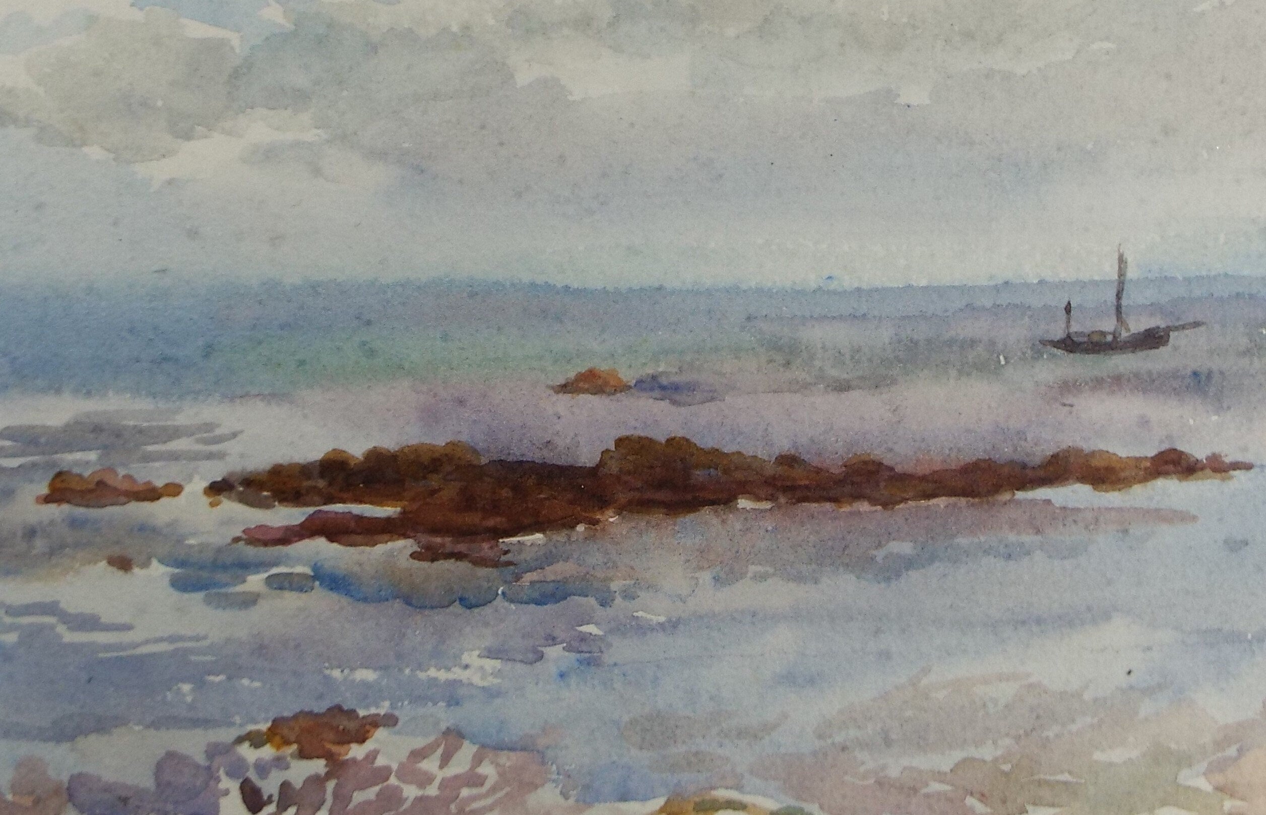 Original Watercolour, 'Rocky Shore with moored boat', Early 20th Century, Unknown Artist