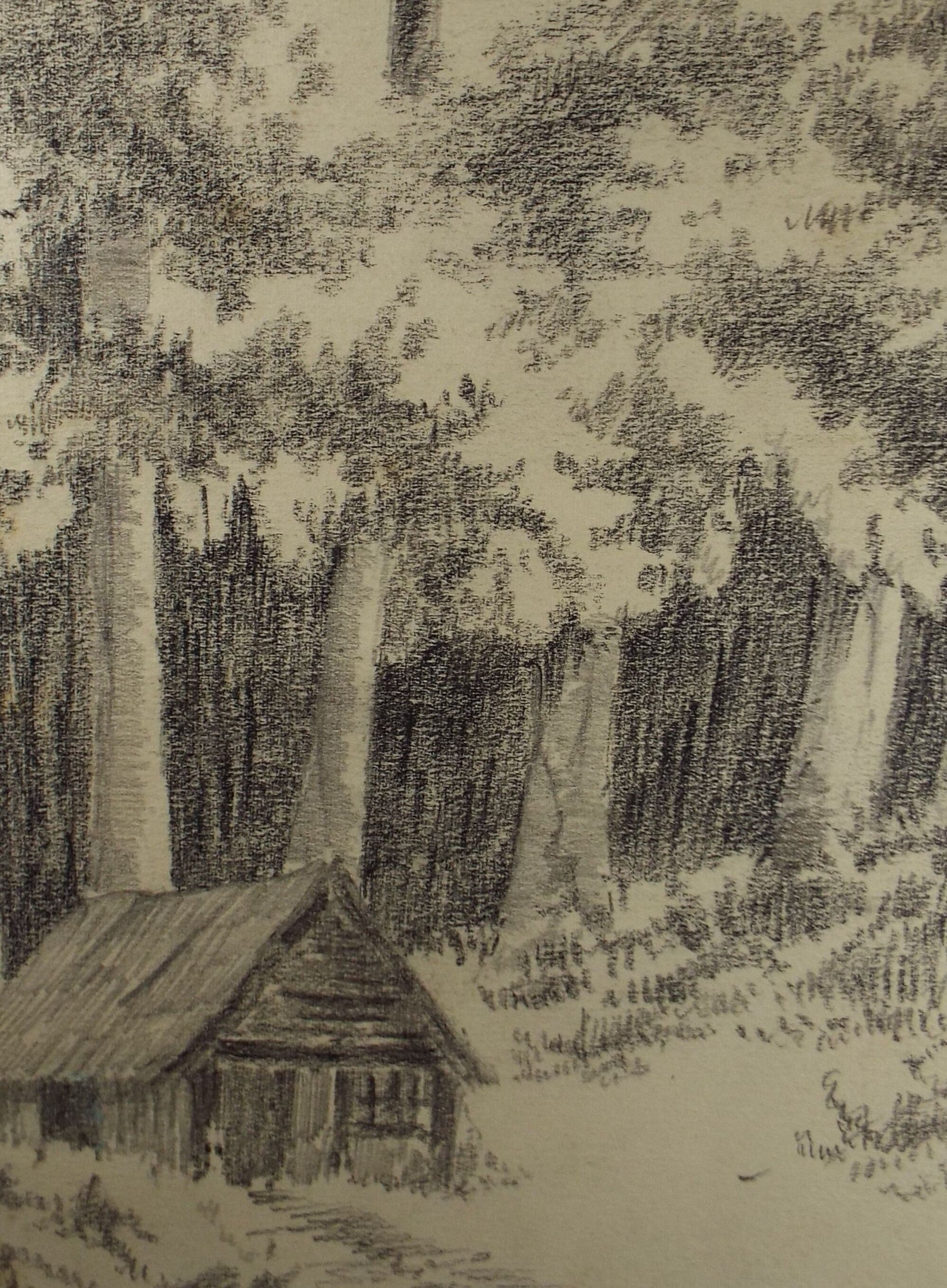 Original Pencil Drawing, 'Hut in the Woods', Circa 1930's, A Simmons