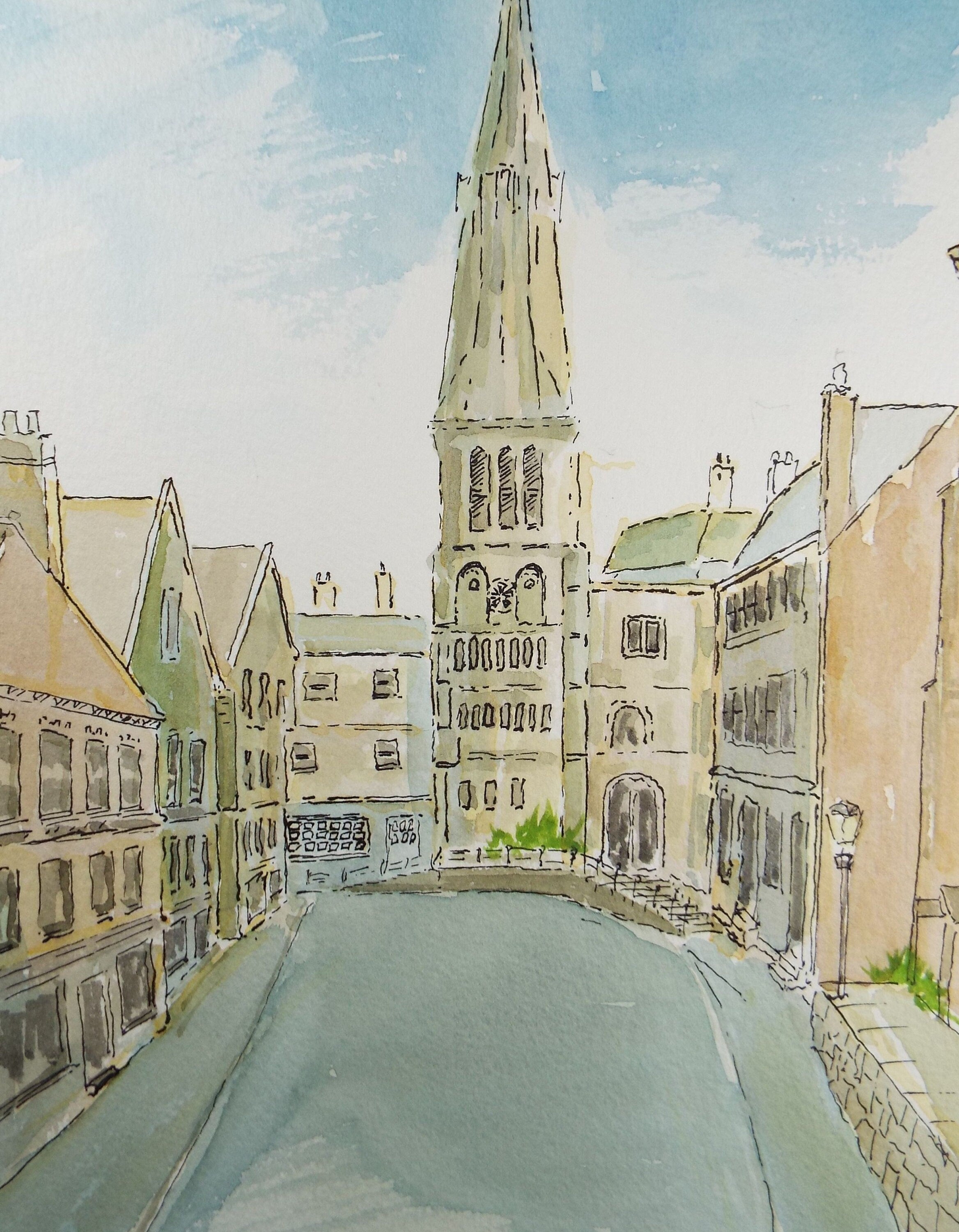 Original Watercolour and ink,'Streetscape with Church Tower', Circa 1990's, Unknown Artist