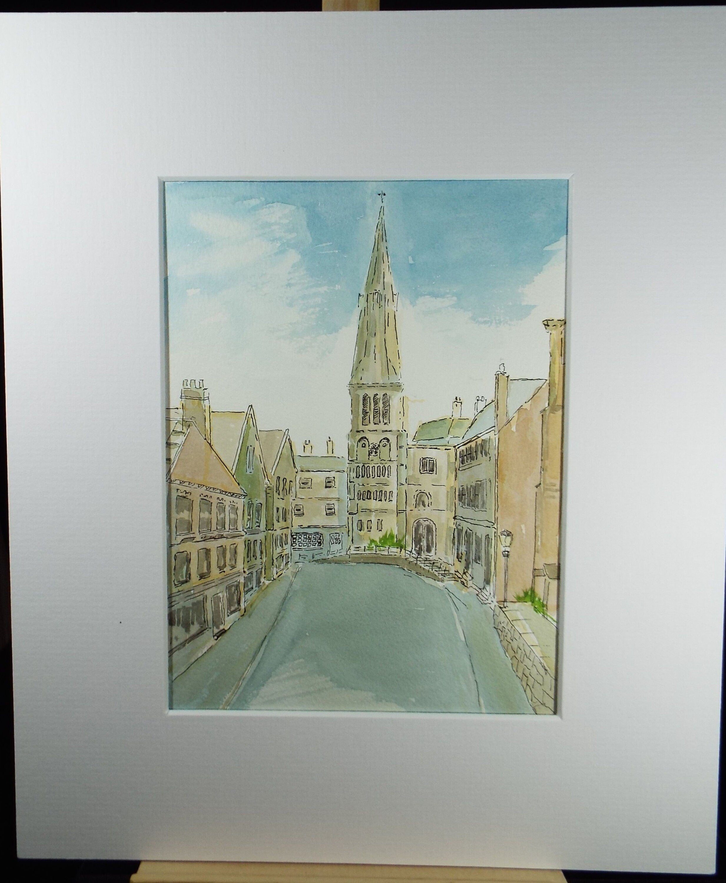 Original Watercolour and ink,'Streetscape with Church Tower', Circa 1990's, Unknown Artist
