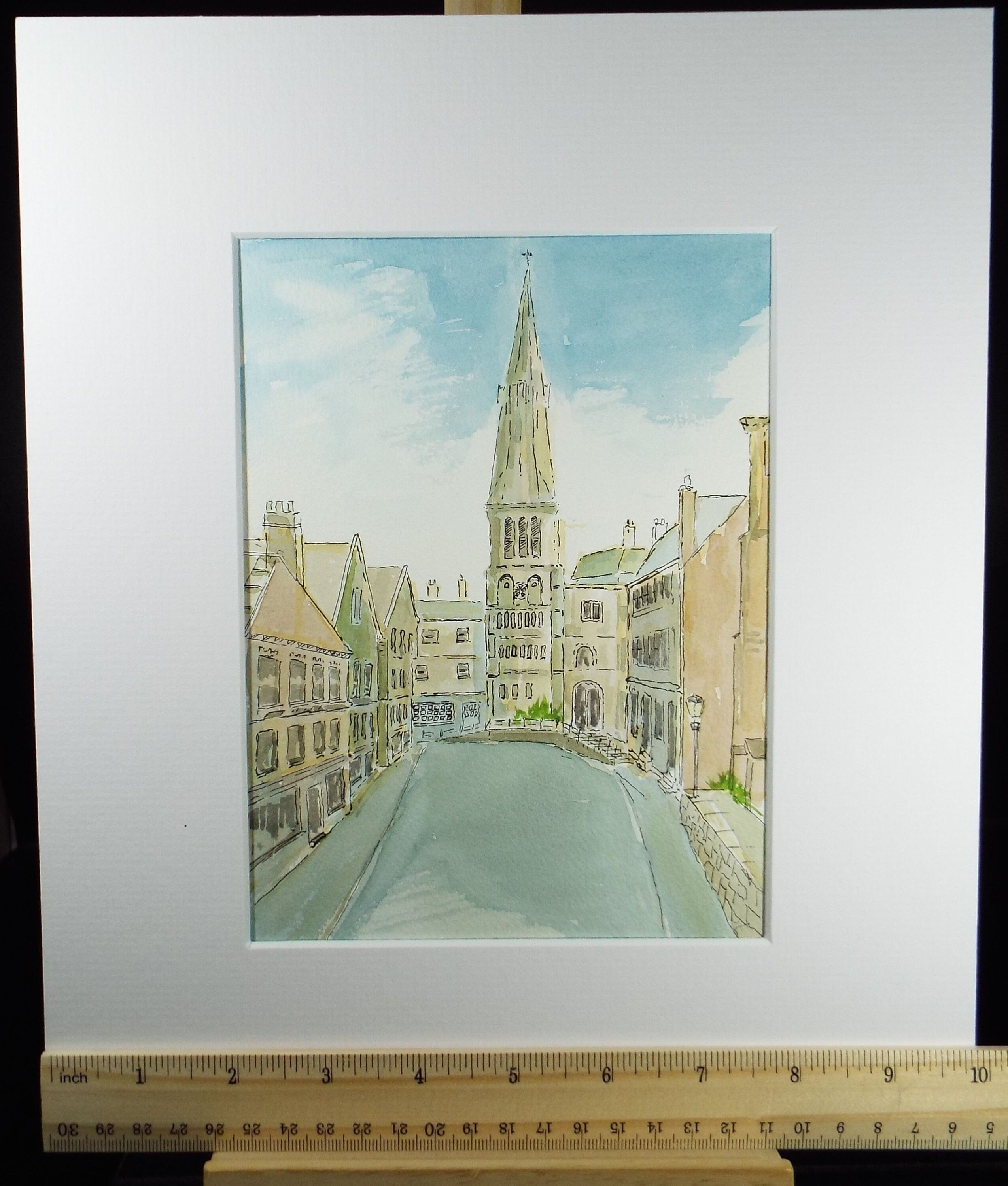 Original Watercolour and ink,'Streetscape with Church Tower', Circa 1990's, Unknown Artist