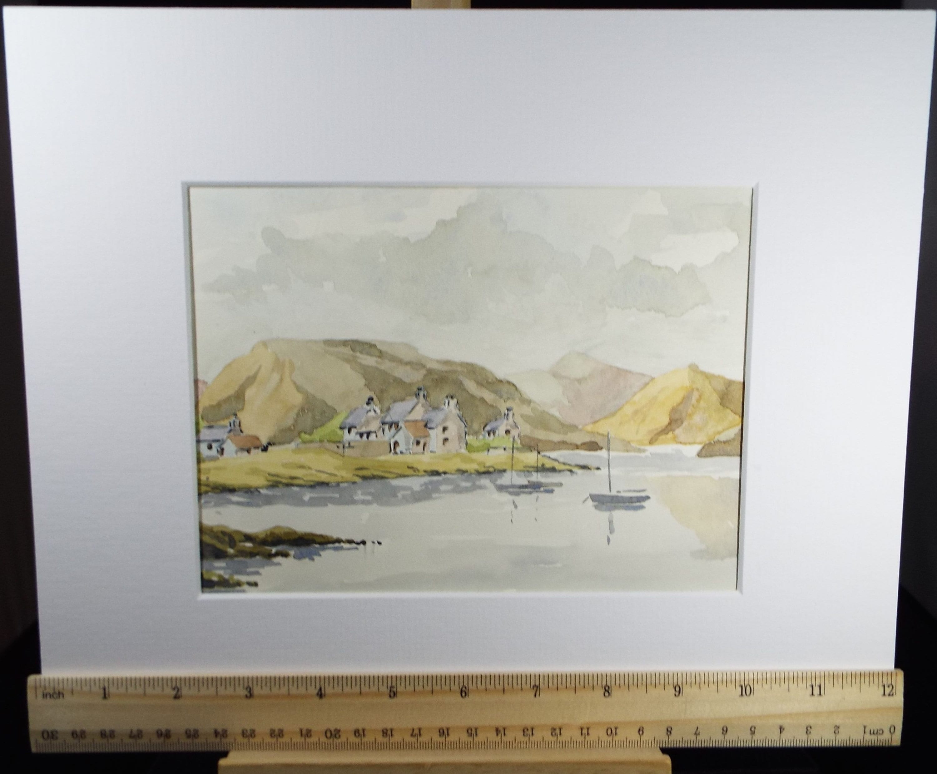 Original Watercolour, 'Lake with cottages and Hills', c1990's, Unknown Artist
