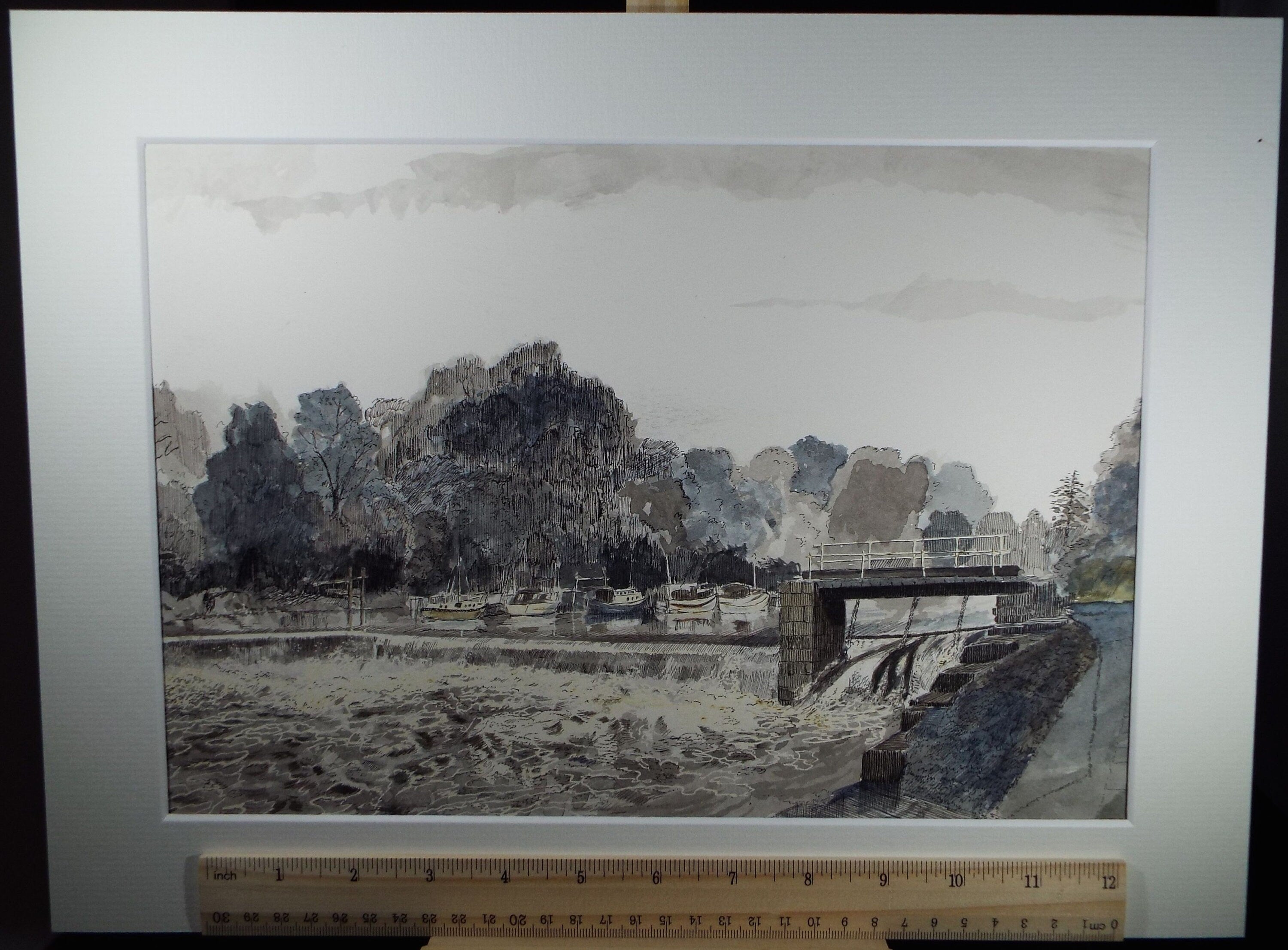 Naburn Weir, Original pen and ink, circa 1980, E F Heathfield