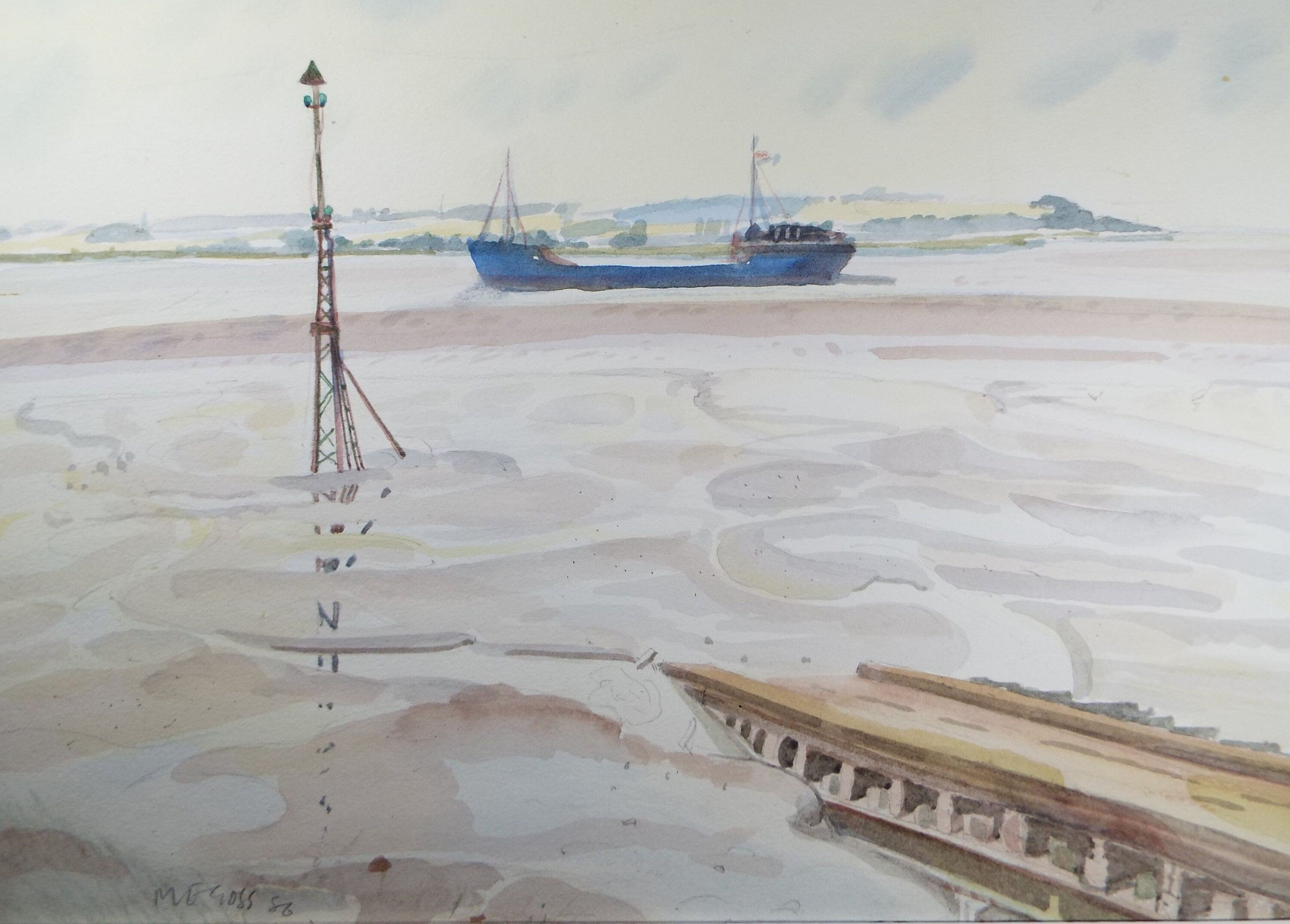 Original Watercolour, 'Freighter under way', dated 1986, M E Cross
