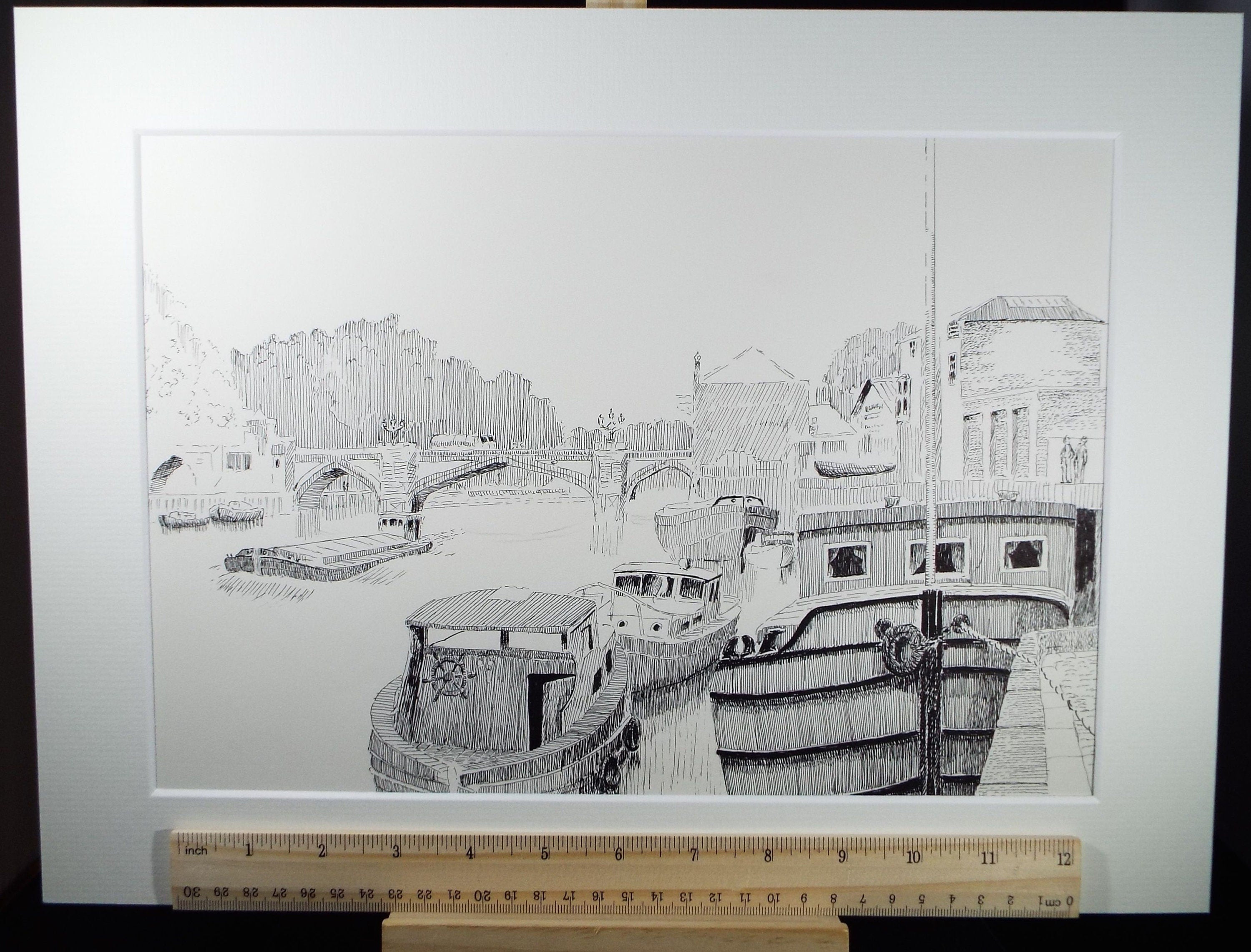 Original pen and ink, 'Houseboats on the River', circa 1980, E F Heathfield