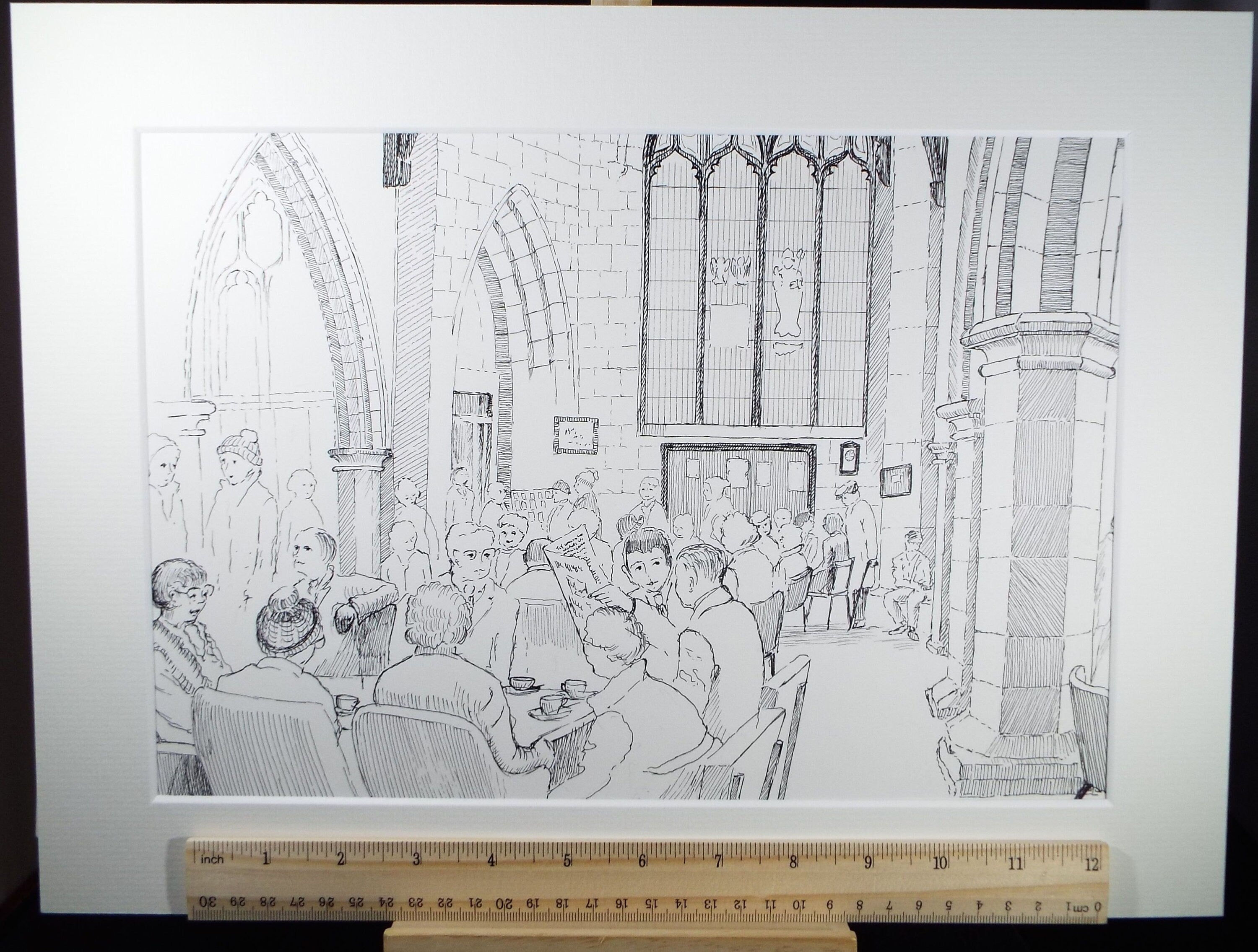 Original pen and ink, 'The Cathedral cafe', circa 1980, E F Heathfield