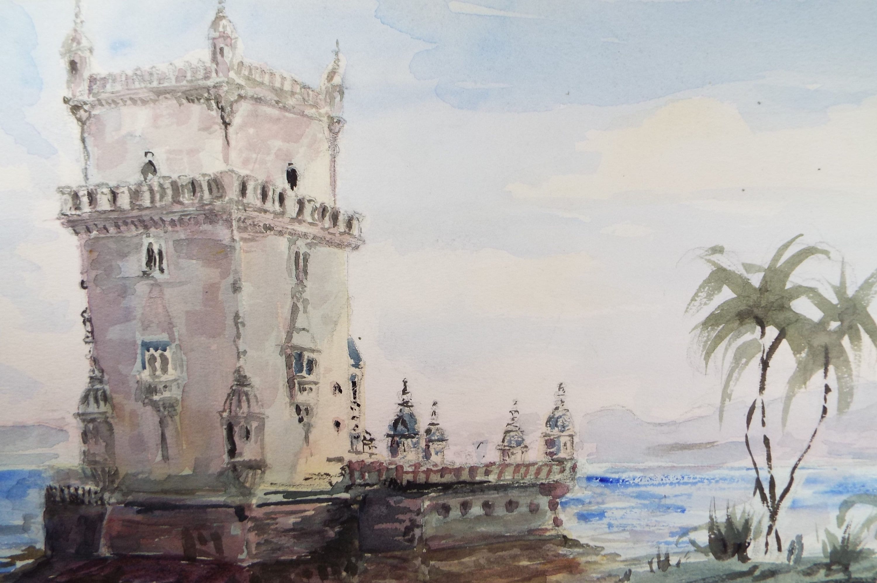 Original Watercolour, 'Torre de Belem, Lisbon', c1990's, Artist Unknown