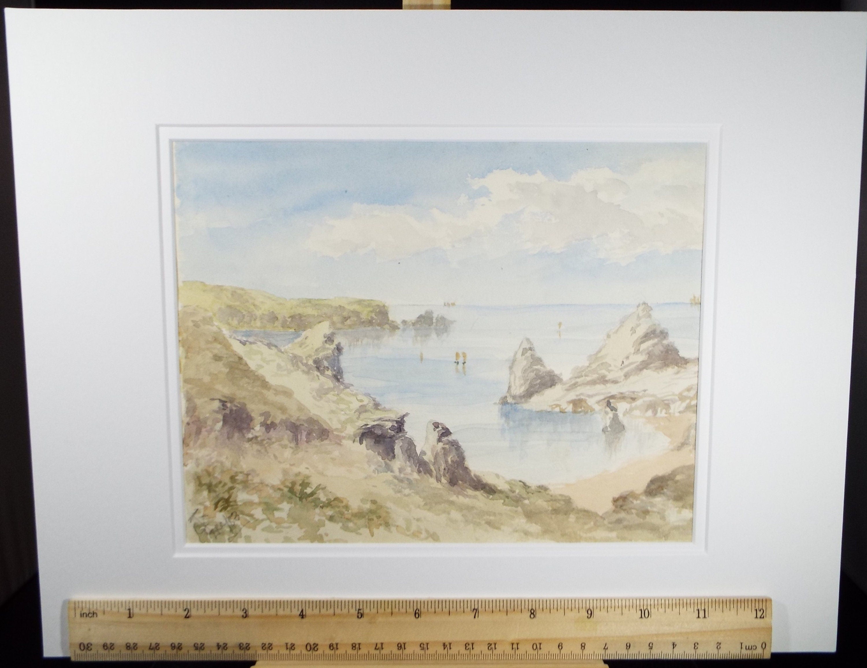 Original Watercolour, 'Rocky bay with Boats' , dated 1883, Monogram TCF