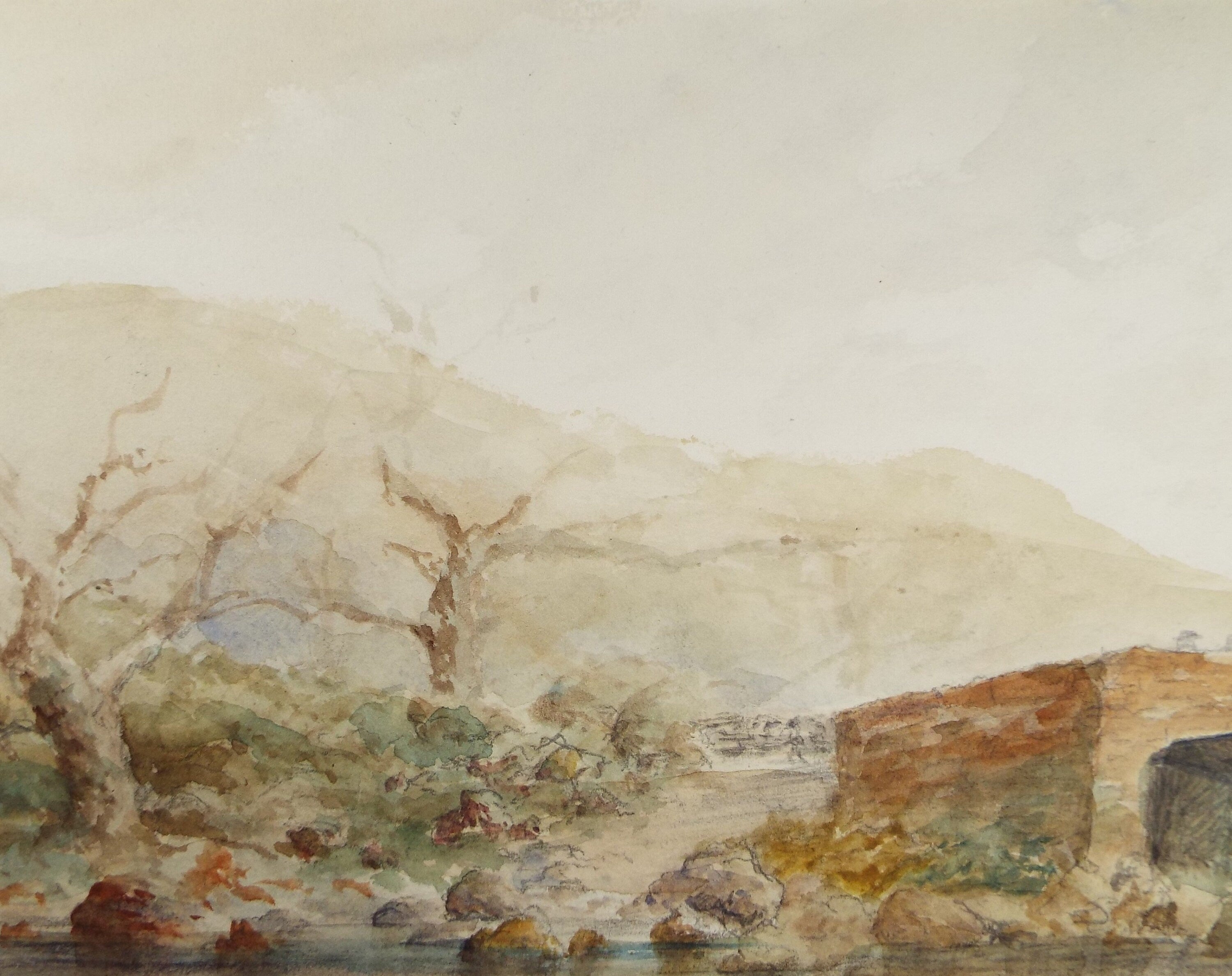 Original Watercolour 'Stone Bridge with Winter Trees', Circa 1880's, unsigned