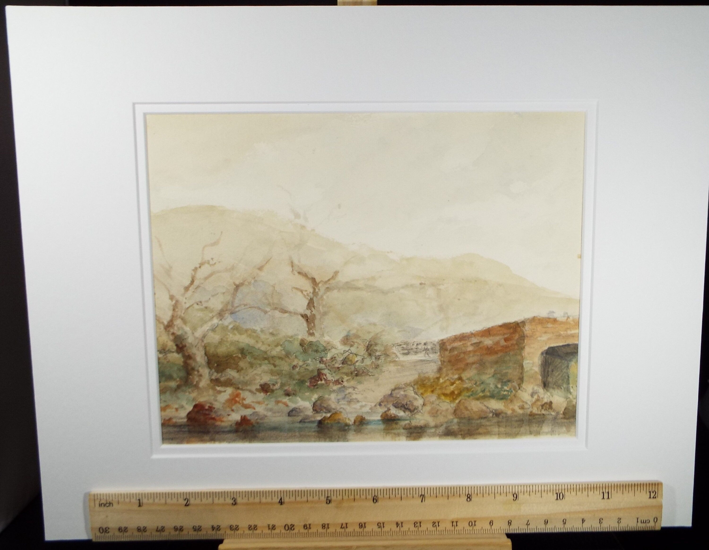 Original Watercolour 'Stone Bridge with Winter Trees', Circa 1880's, unsigned
