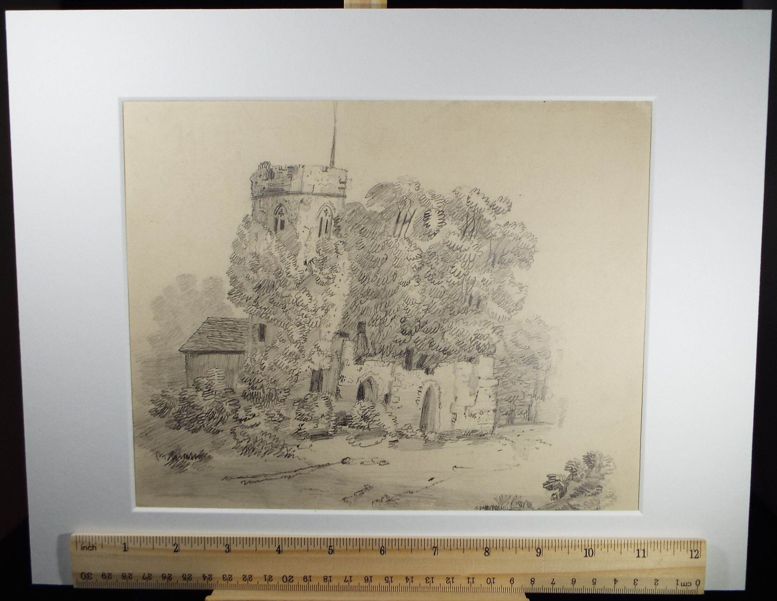 Original Pencil drawing , 'Ruined Church', Late 19th Century, artist unknown