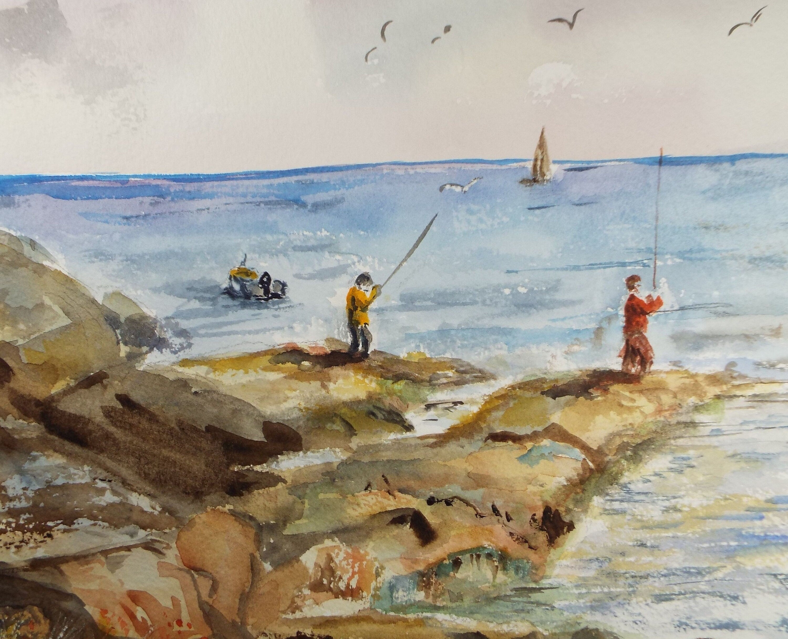 Original Watercolour 'Fishing from the Rocks', Circa 1990's,Artist Unknown