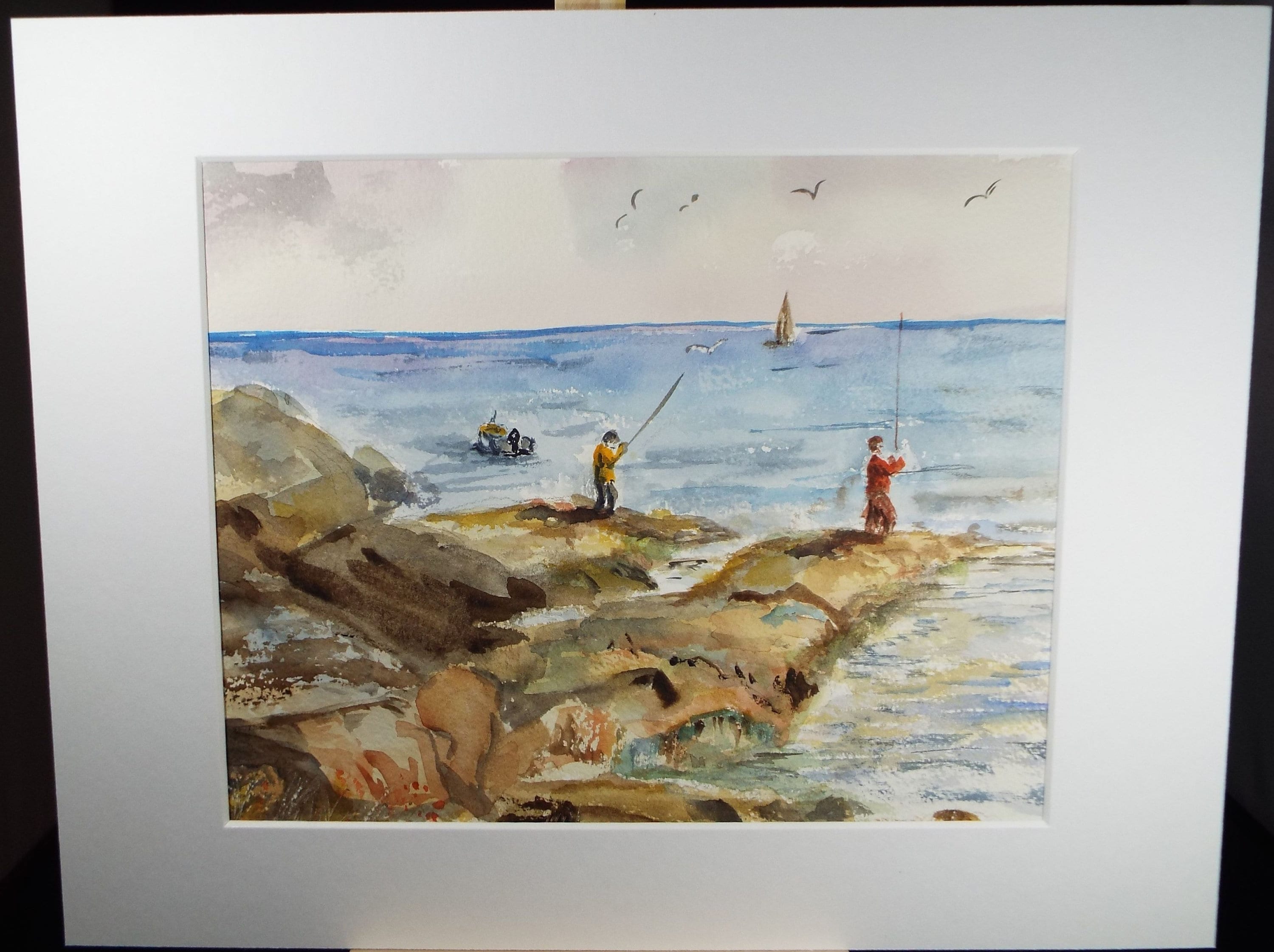 Original Watercolour 'Fishing from the Rocks', Circa 1990's,Artist Unknown