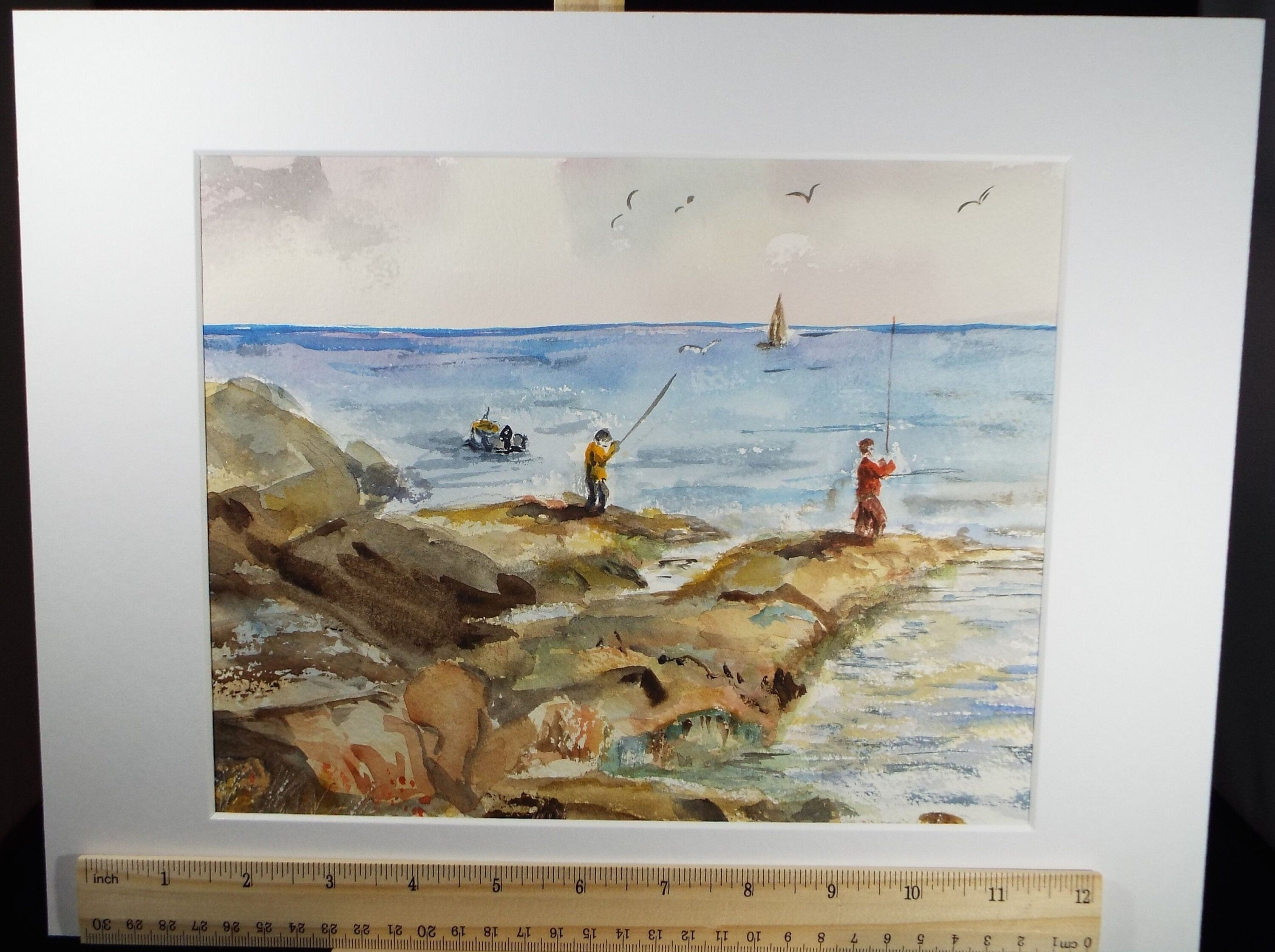 Original Watercolour 'Fishing from the Rocks', Circa 1990's,Artist Unknown