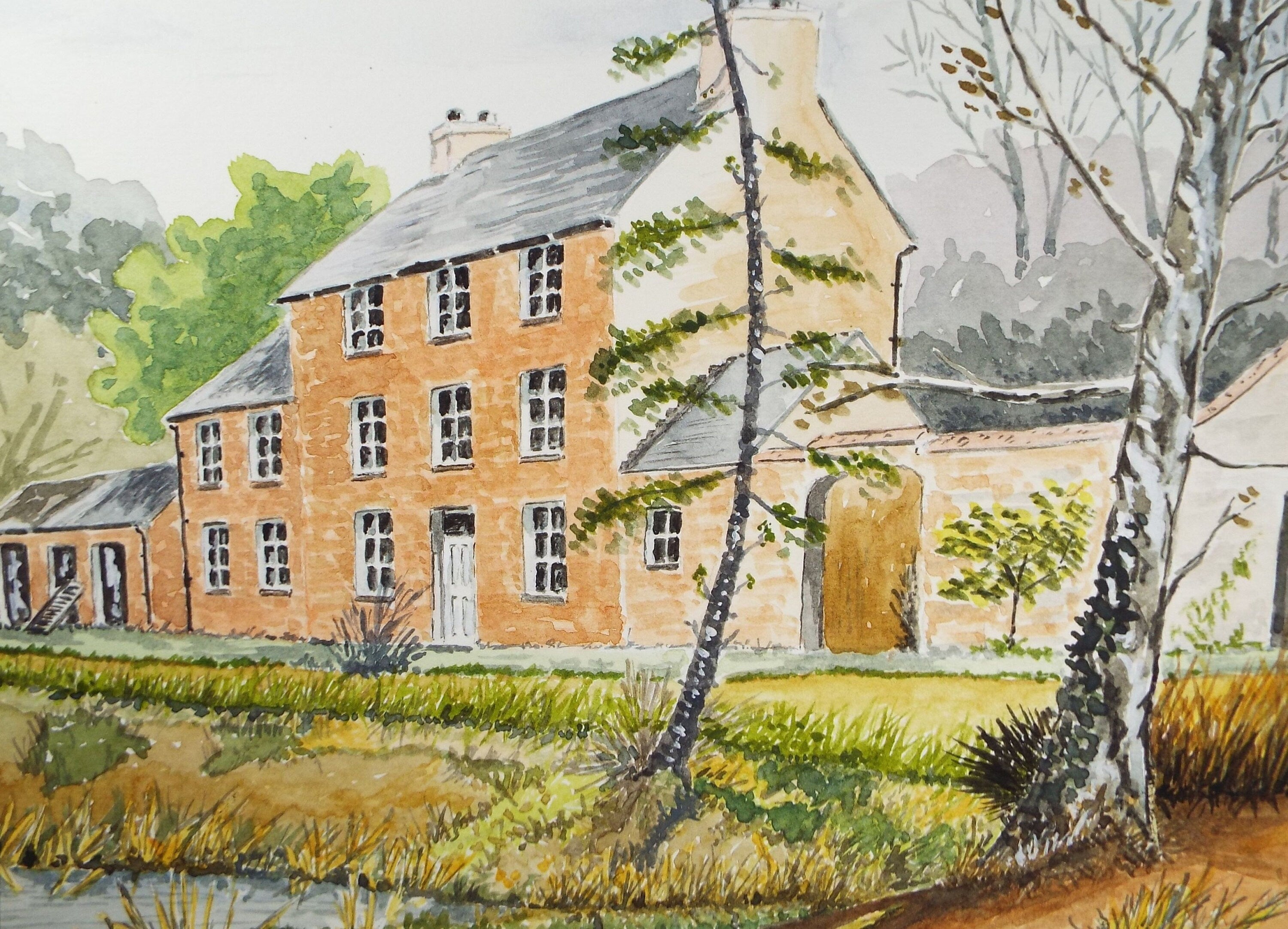 Original Watercolour, 'A Red bricked house in the Country' Dated 1993, Artist Unknown