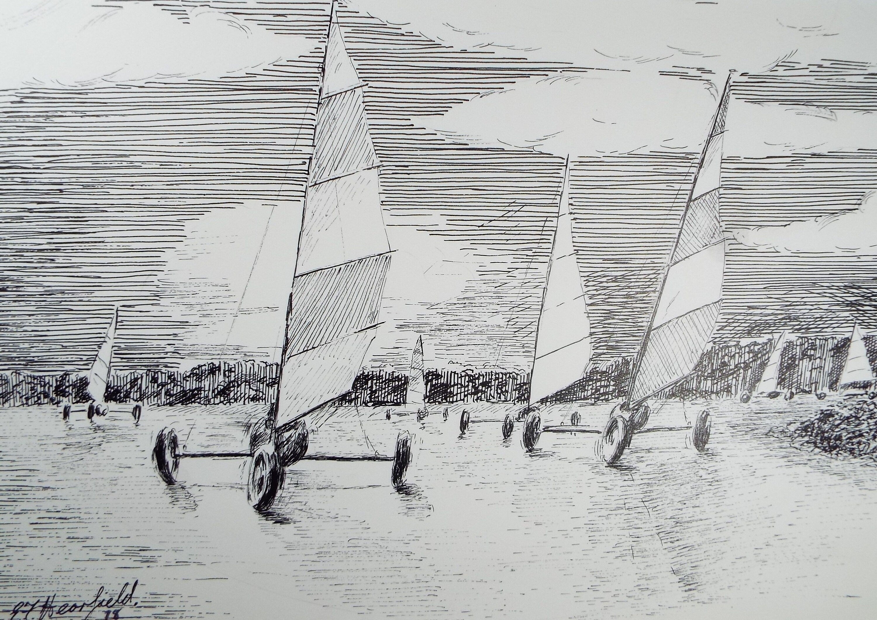 Original Pen and Ink, 'Land Sailing', Dated 1978, E F Hearfield