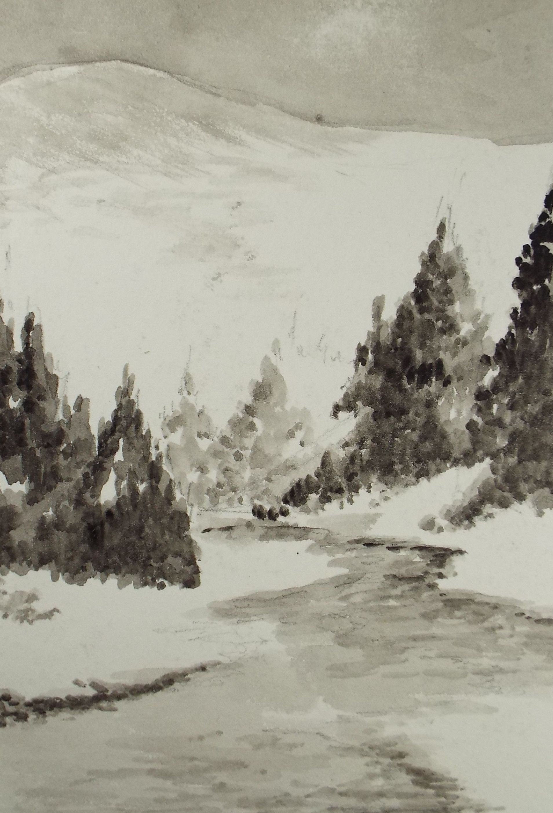 Original Ink & Wash, 'Trees by a River', A Simmons, Circa 1940's