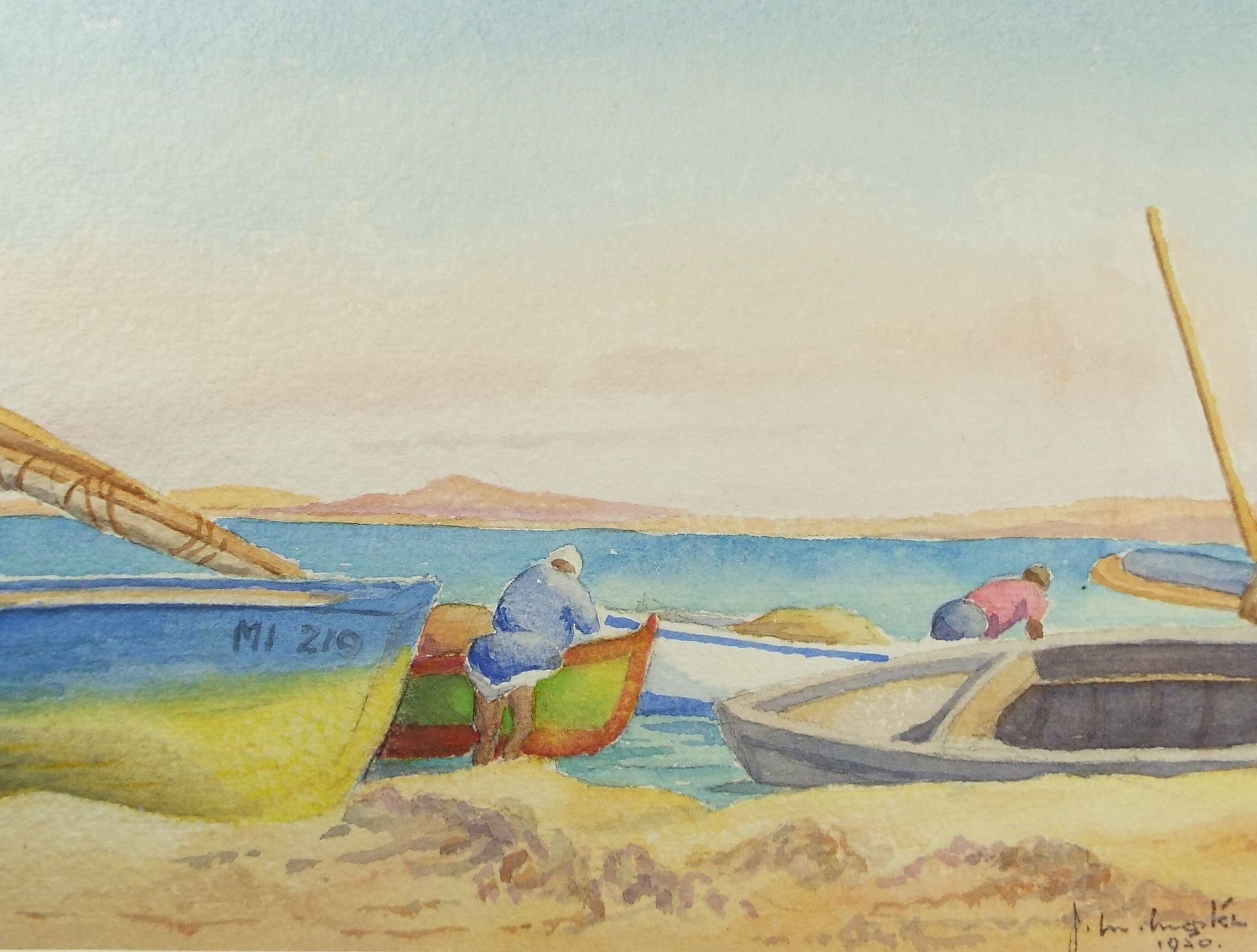 Original Watercolour, 'North African Fishermen', Dated 1950, J M Morton