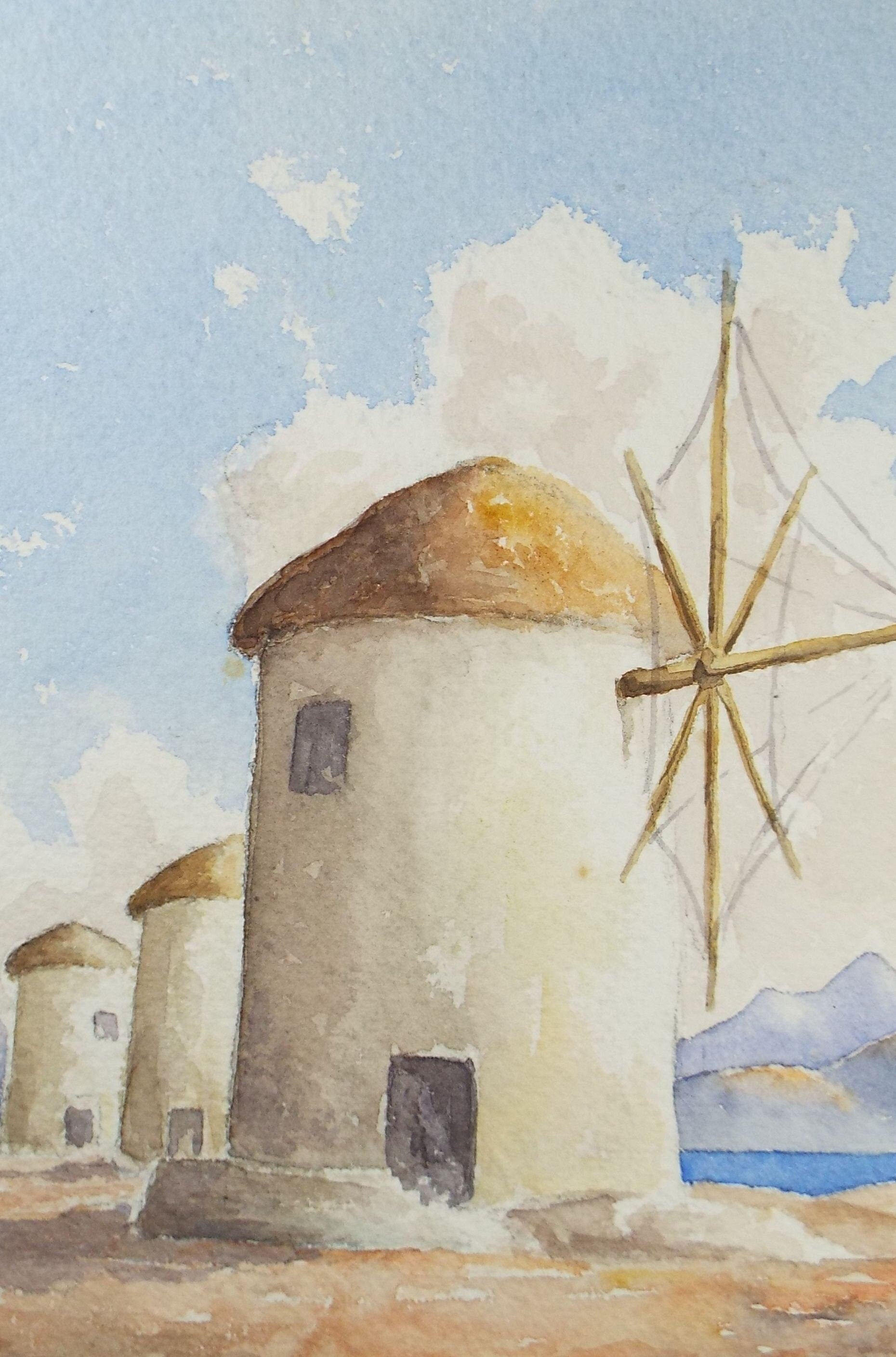 Original Watercolour 'Greek Windmill', Dated 1949, J M Morton