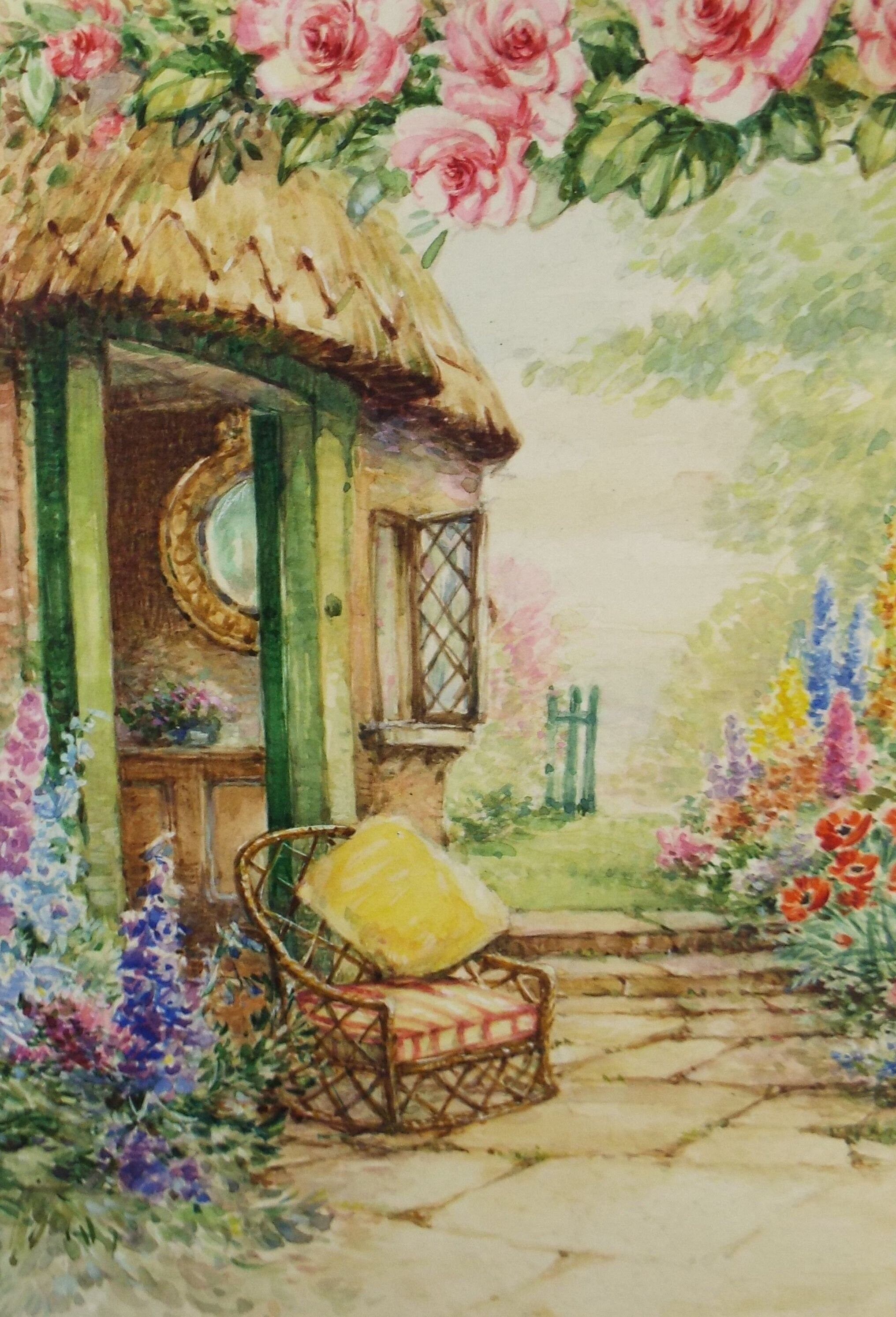 Original Watercolour, 'A Chair in the Cottage Garden', Circa 1950's, artist unknown