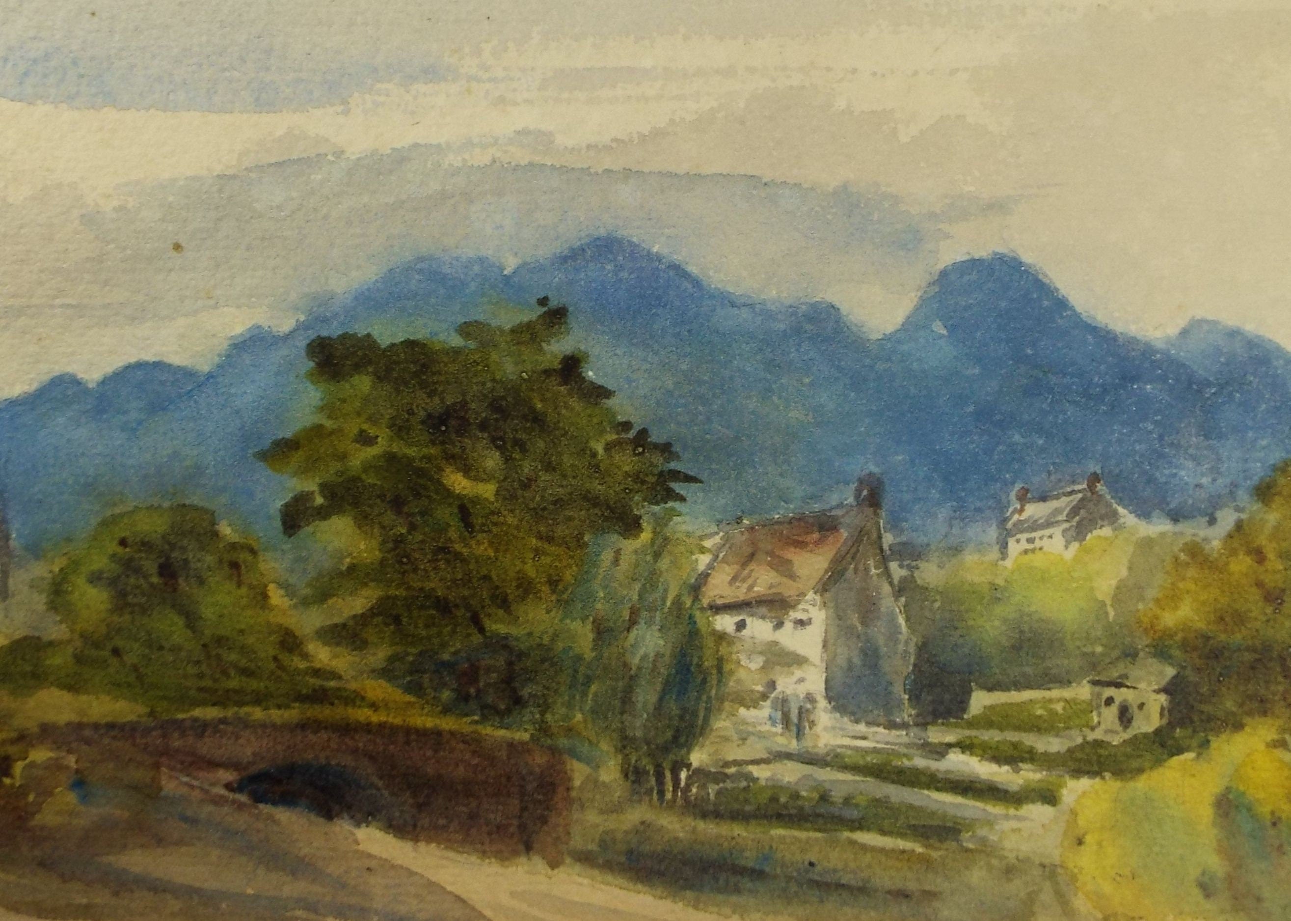 Original Watercolour,'Village with Distant Mountains', Early 20th Century, artist Unknown