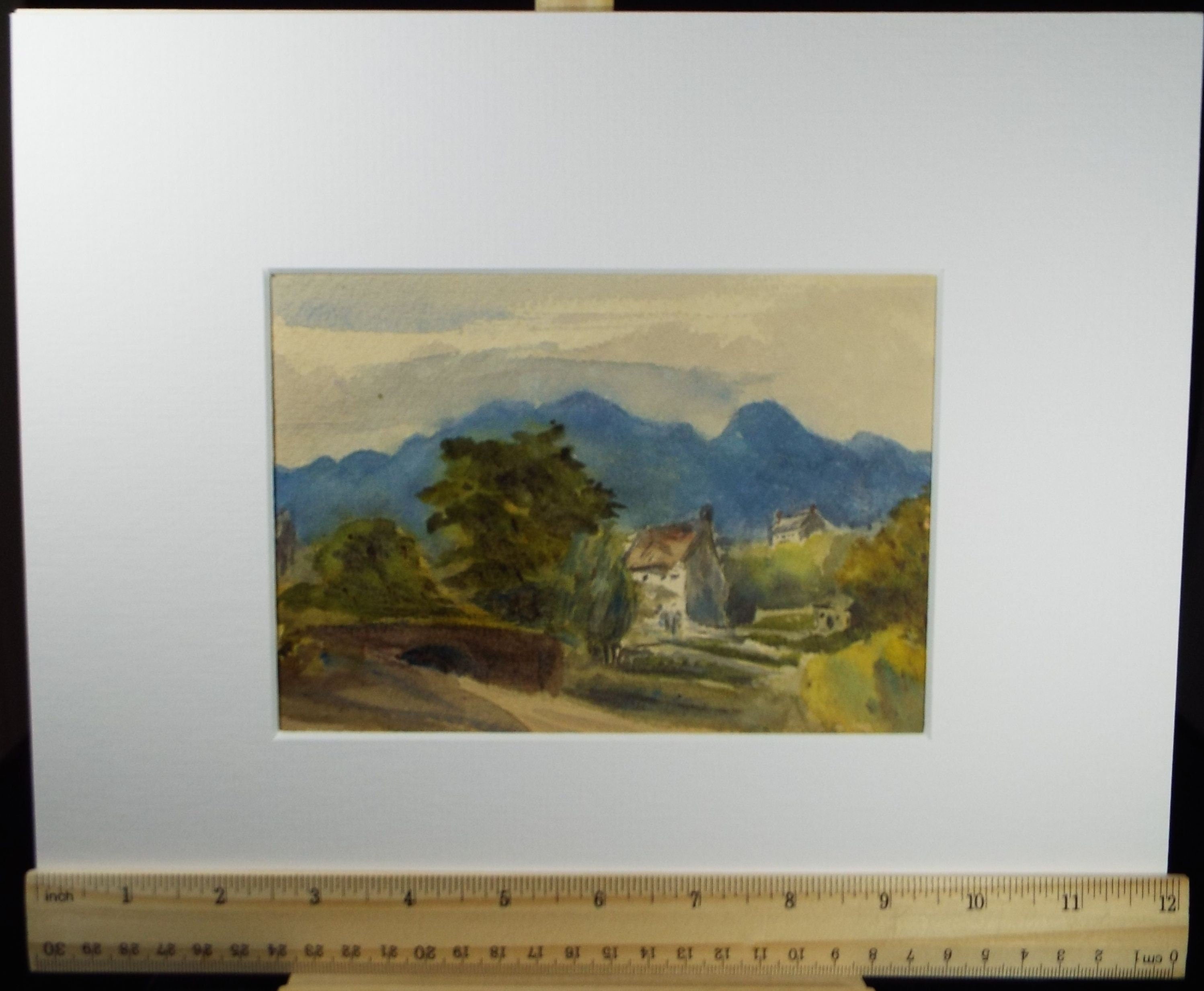 Original Watercolour,'Village with Distant Mountains', Early 20th Century, artist Unknown
