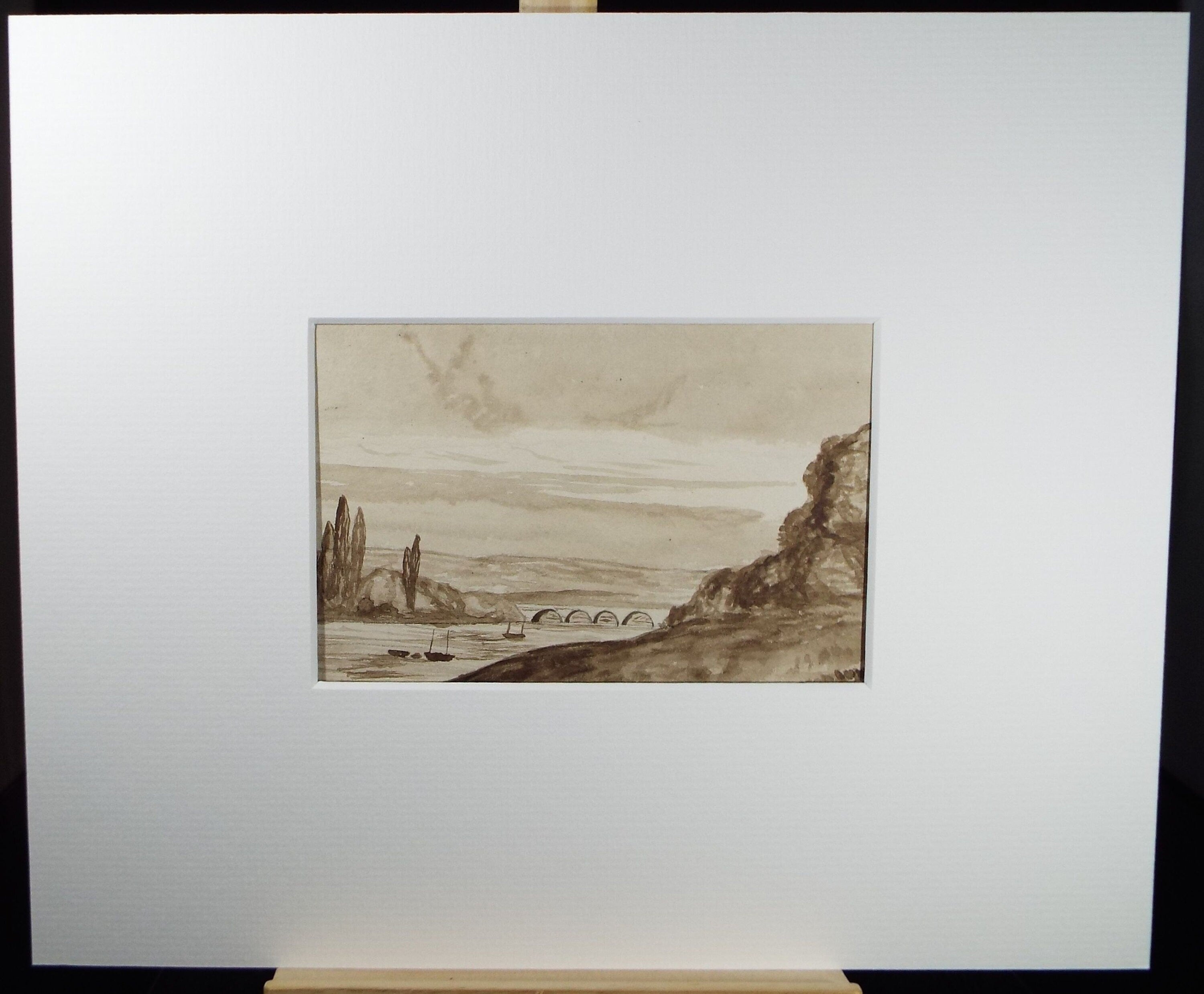 Original Watercolour, 'River Bridge with moored boats', Dated 1880, Artist unknown