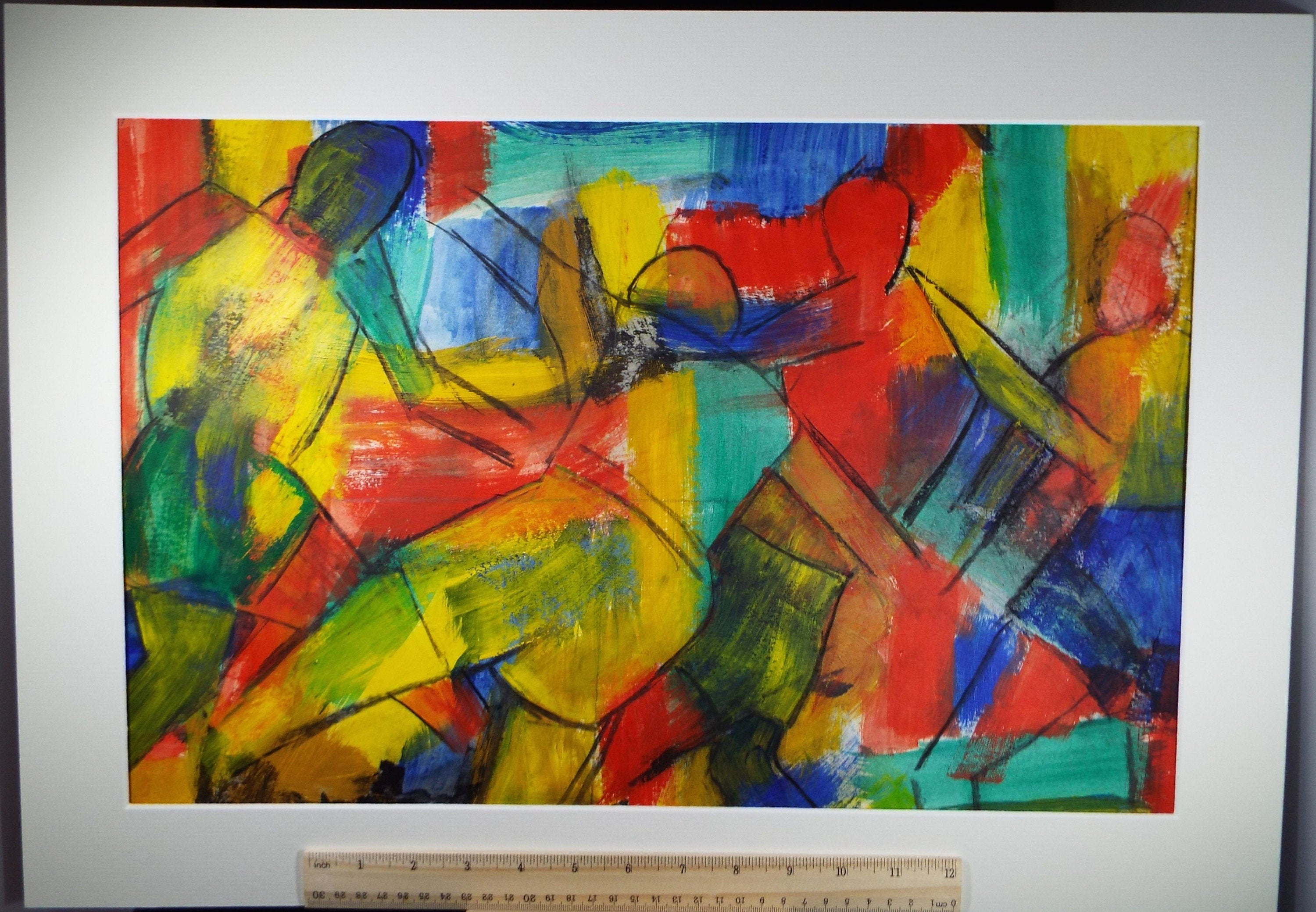 Original Acrylic on Paper, 'Rugby Players', Late 20th Century, Artist Unknown