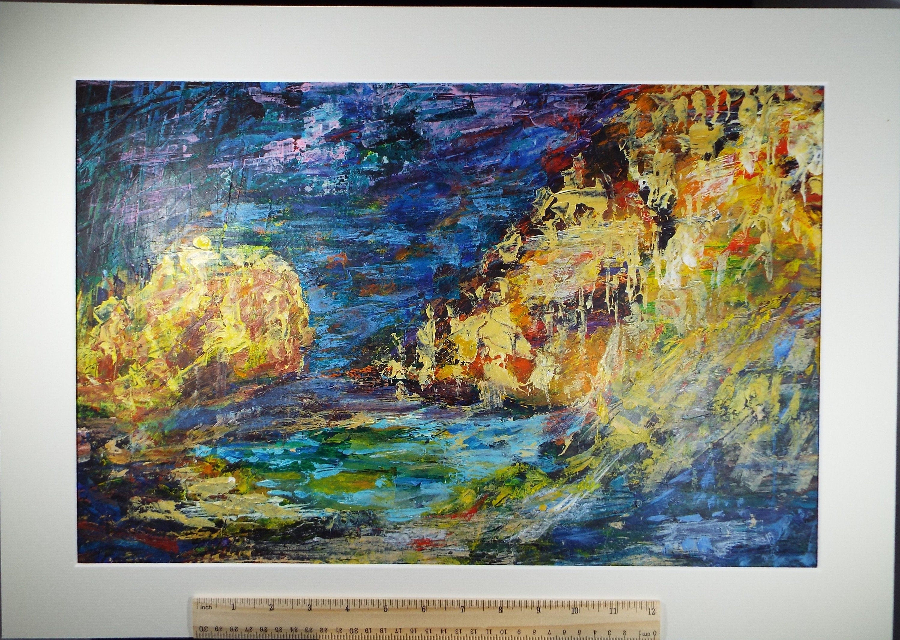 Original Acrylic on Paper, 'Abstract in Yellow & Green', Late 20th Century, Artist Unknown