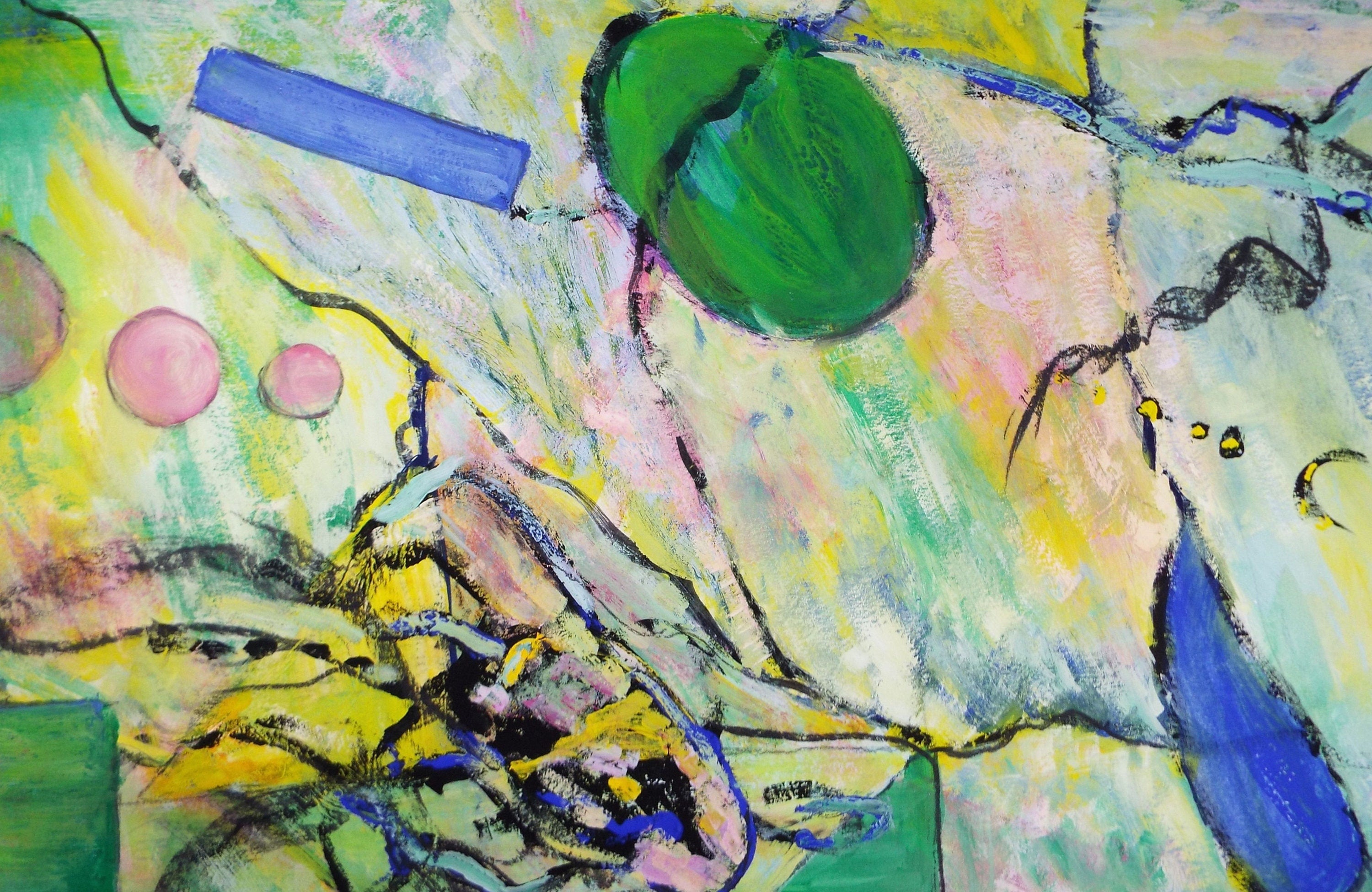 Original Acrylic on Paper, 'Abstract with Circular Forms', Late 20th Century, Artist Unknown