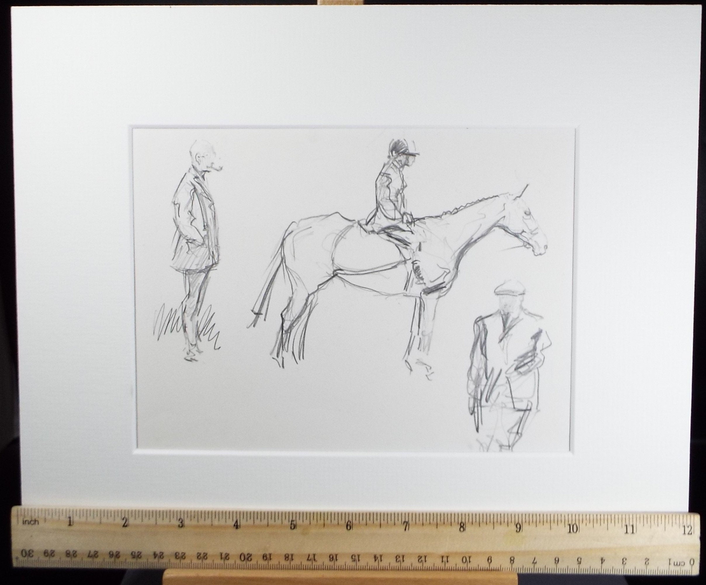 Original Pencil Sketch, Michael Lyne (1912-1989), 'Hunter with Figures', Mid 20th Century