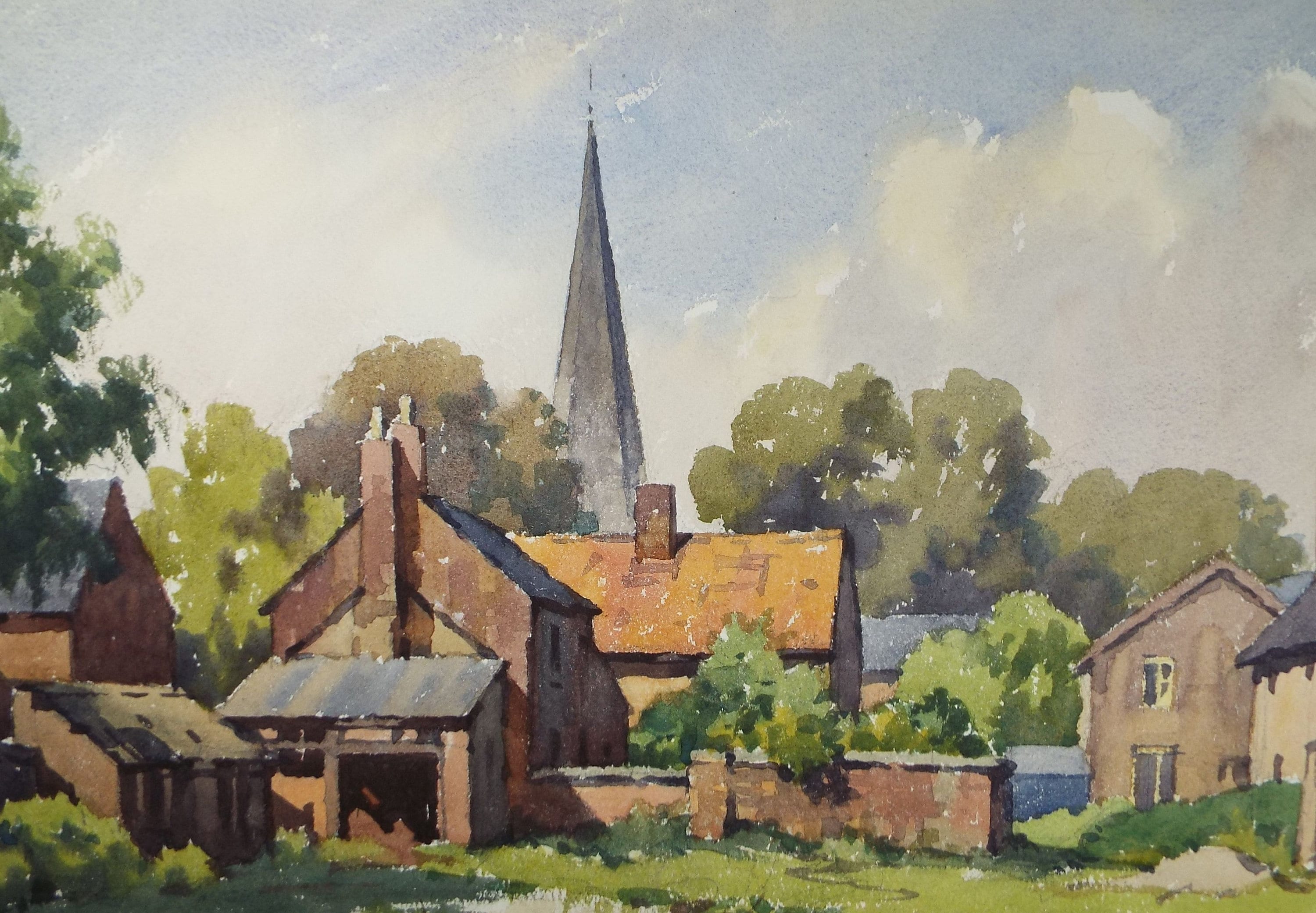 Original Watercolour on Paper, 'Farm Buildings with Church Spire' Edward Albert Hickling (1913-1998), Circa 1950's
