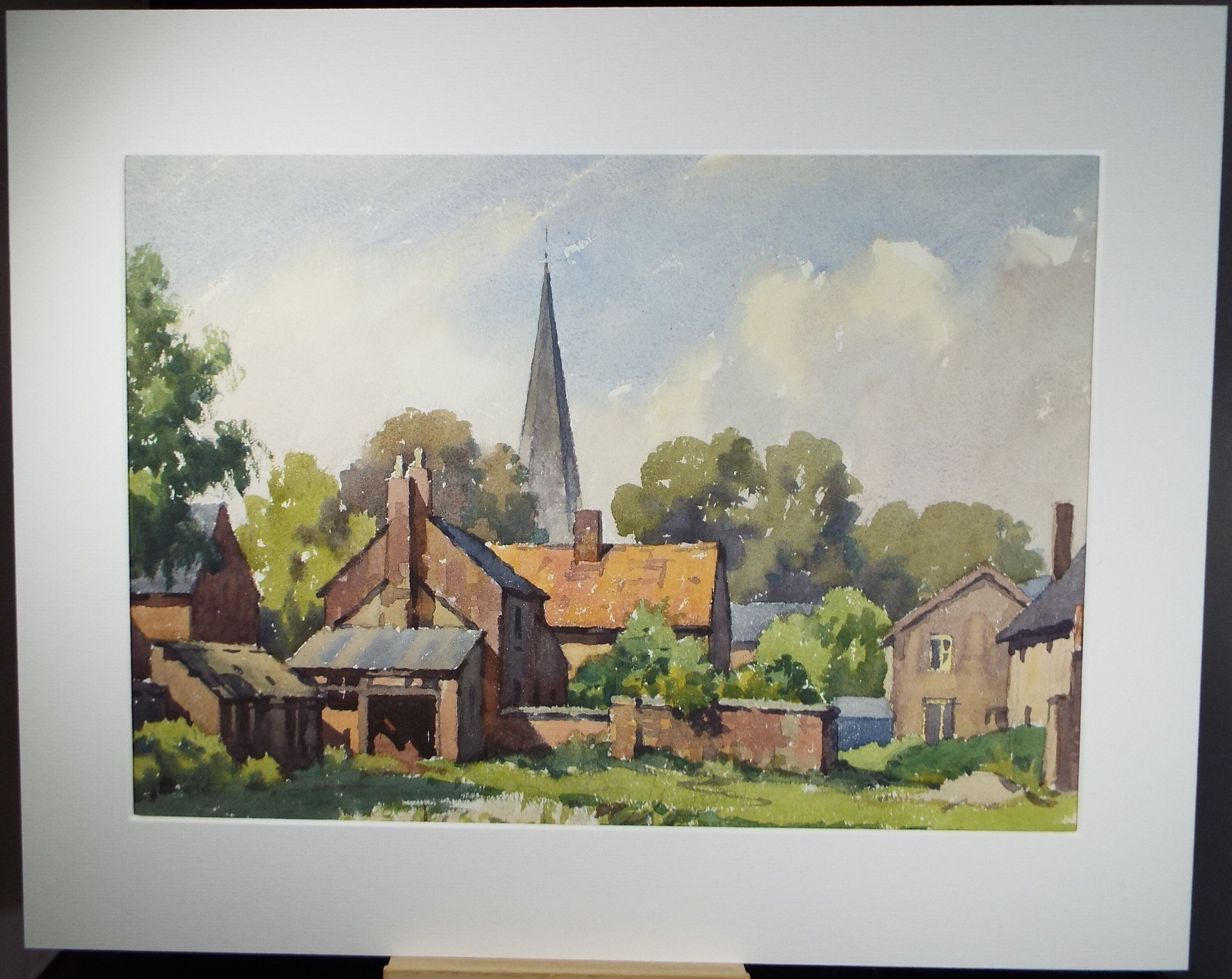 Original Watercolour on Paper, 'Farm Buildings with Church Spire' Edward Albert Hickling (1913-1998), Circa 1950's