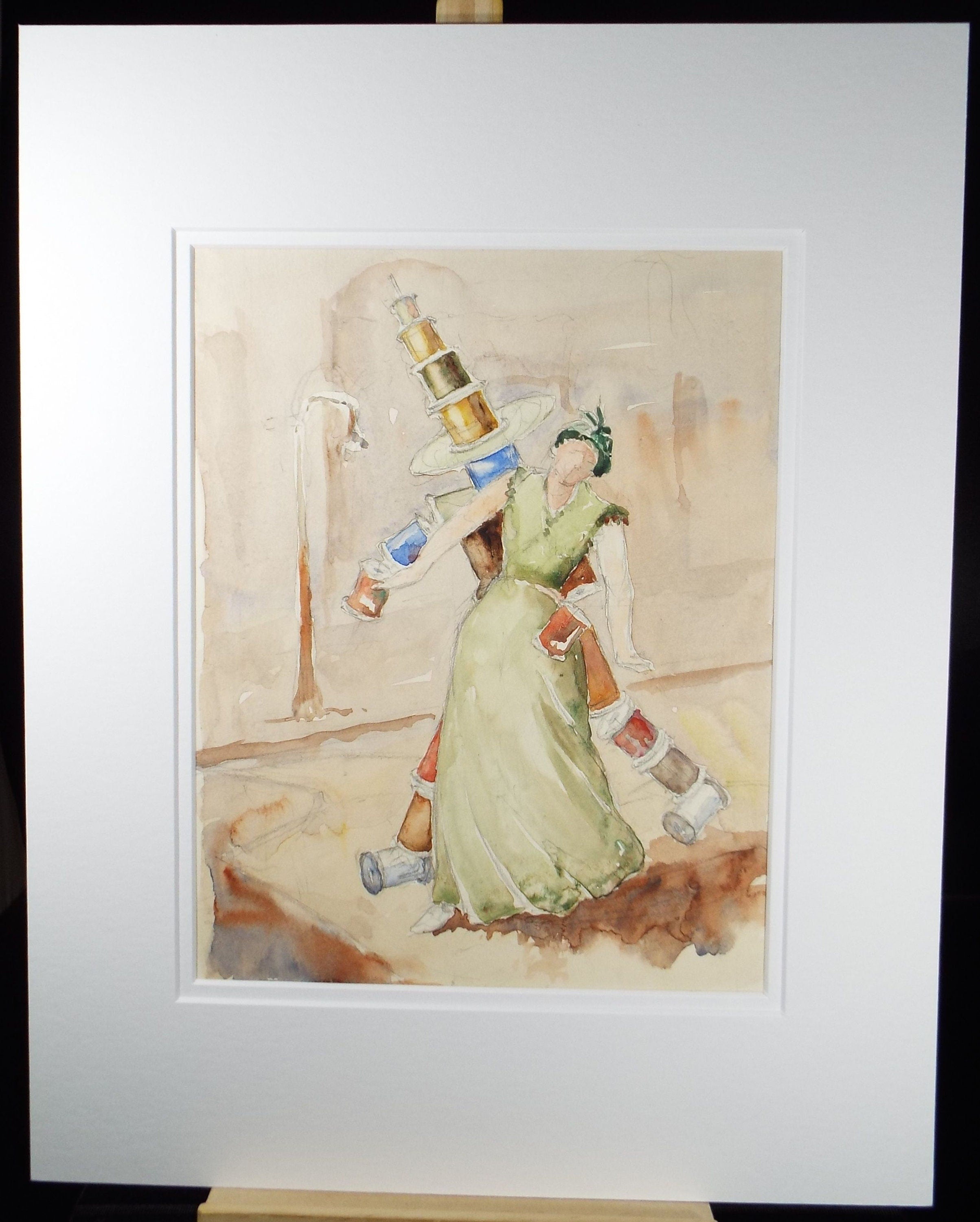 Original Watercolour, 'Woman with a Surrealist figure' , c1950's - Robert Case (20th Century British)