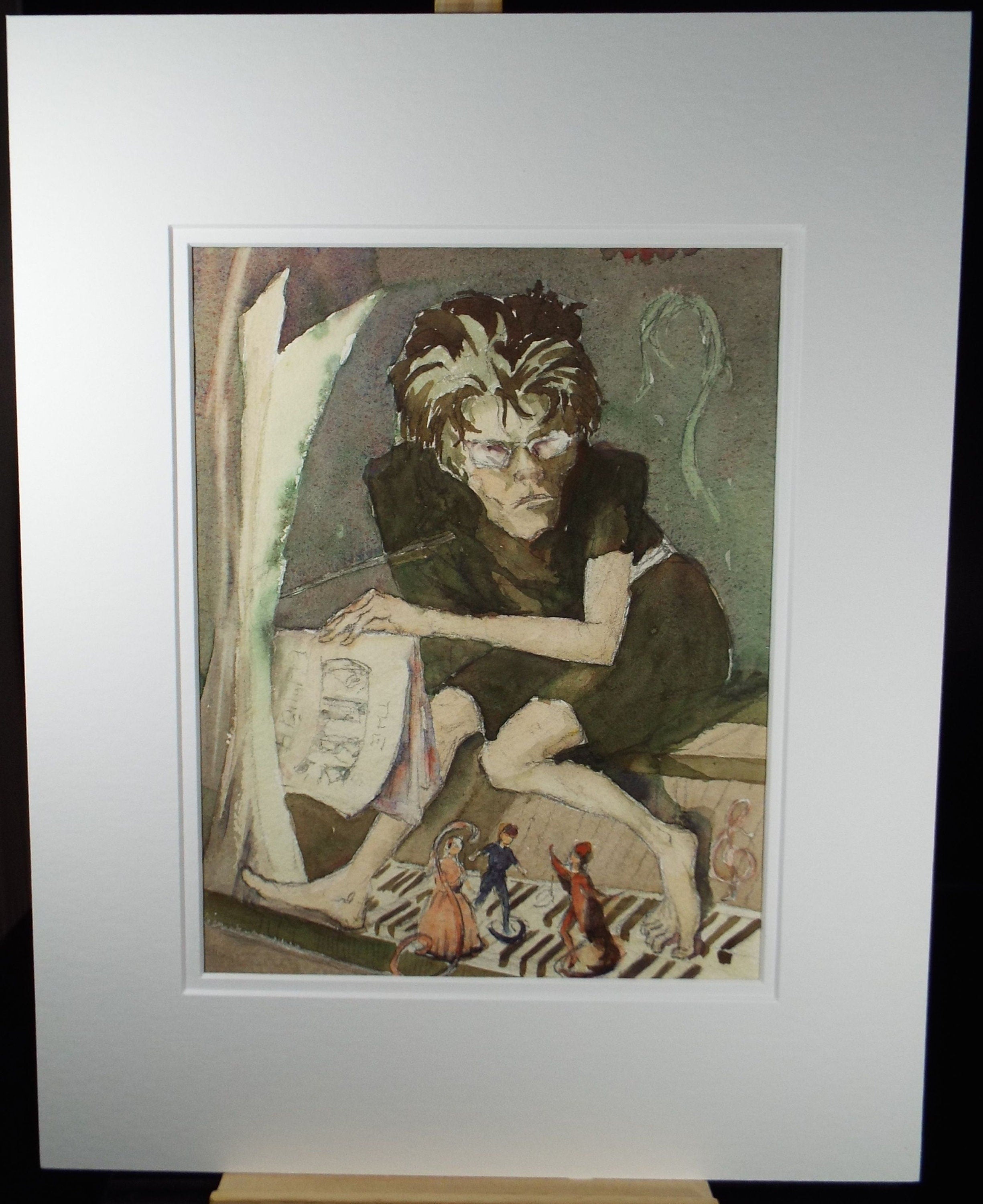 Original Watercolour, 'Surrealist Piano Teacher', c1950's - Robert Case (20th Century British)