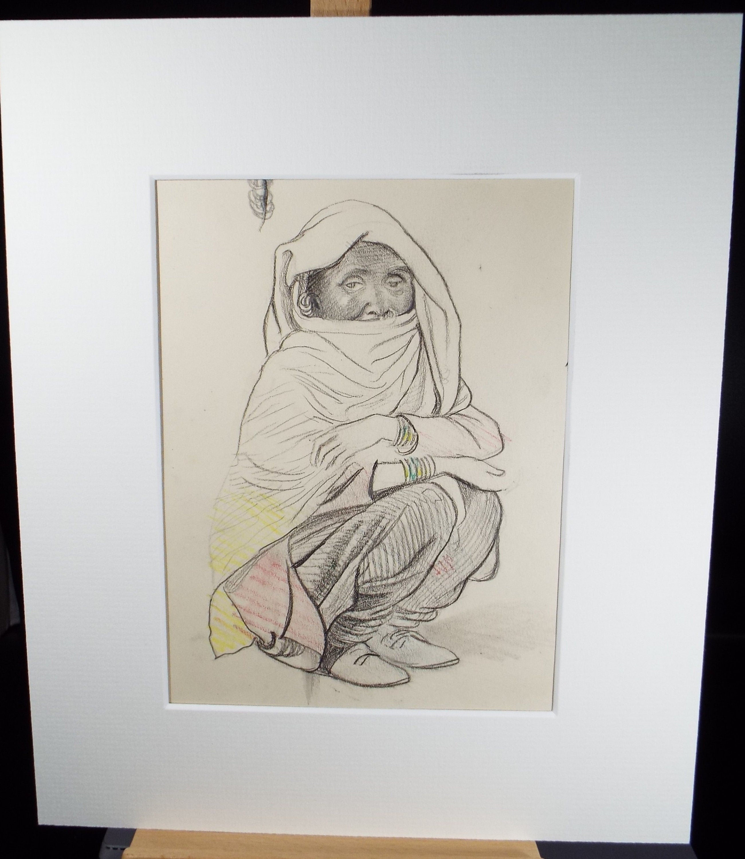 Original pencil sketch, 'Study of an Indian Woman - seated', Susan Beatrice Pearce (1878-1980), Circa 1920