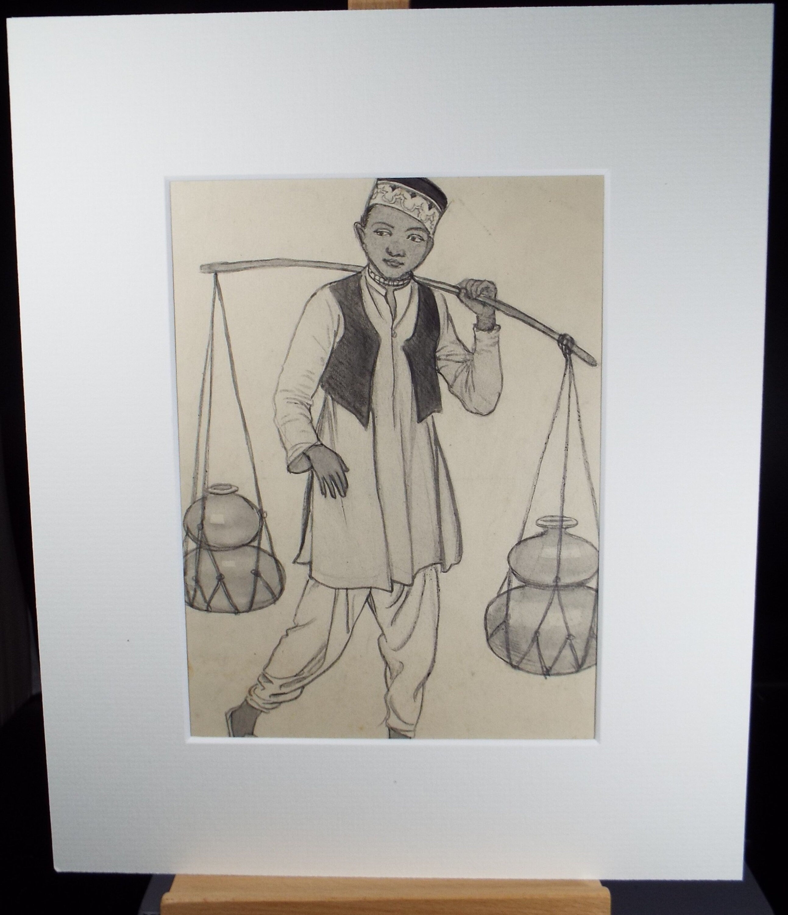 Original pencil sketch, 'Boy Carrying Pots', Susan Beatrice Pearce (1878-1980), Circa 1920