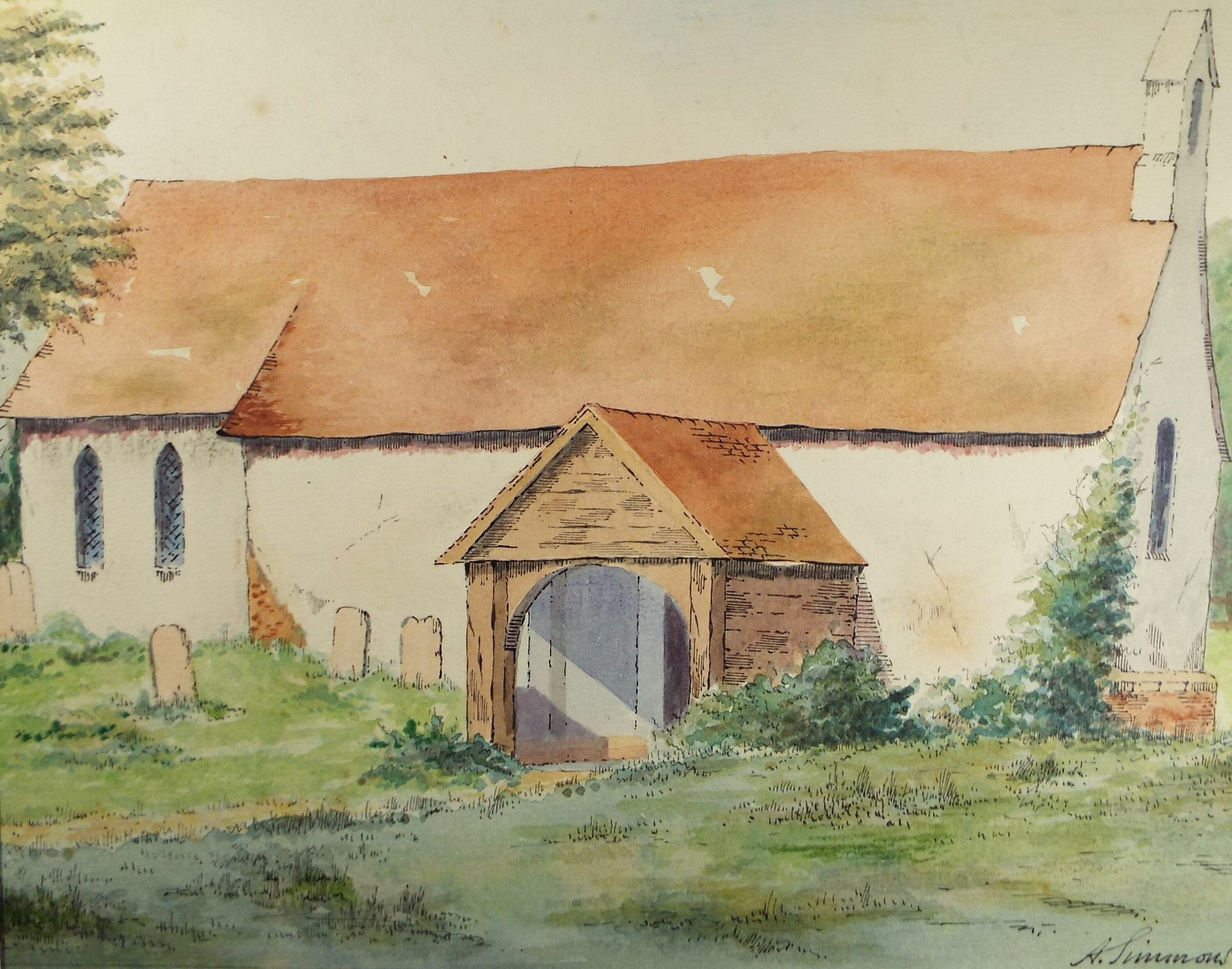 Original Watercolour,'Diddling Church, near Midhurst' , Circa 1950's, A Simmons