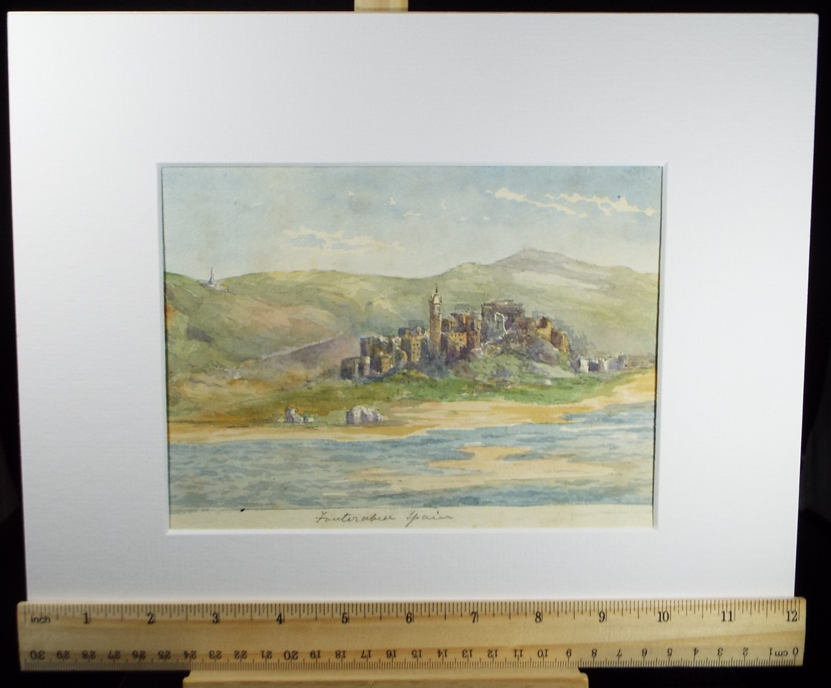 Original Watercolour , 'Waterside Town - Spain', Late 19th Century, Unknown artist