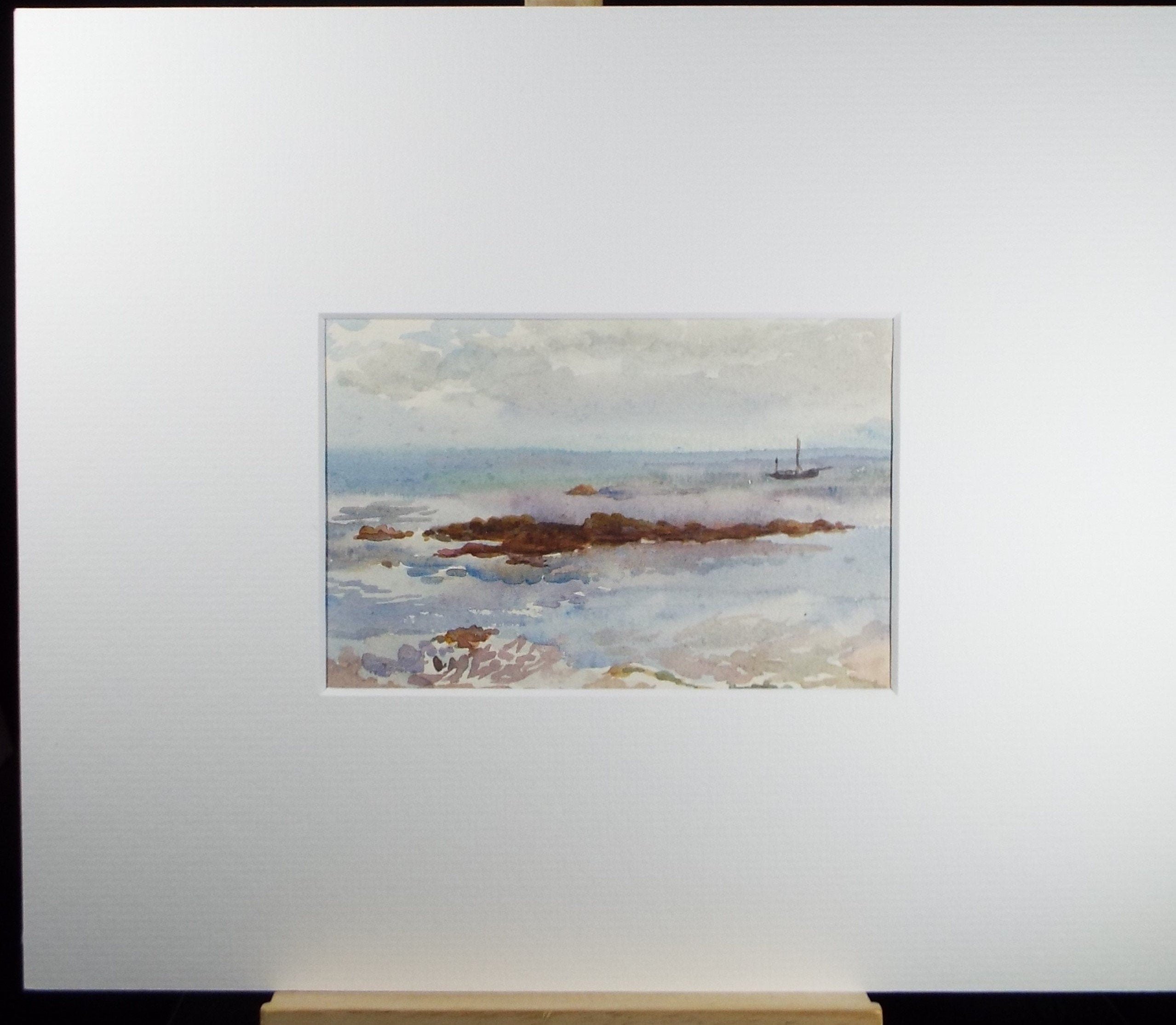 Original Watercolour, 'Rocky Shore with moored boat', Early 20th Century, Unknown Artist