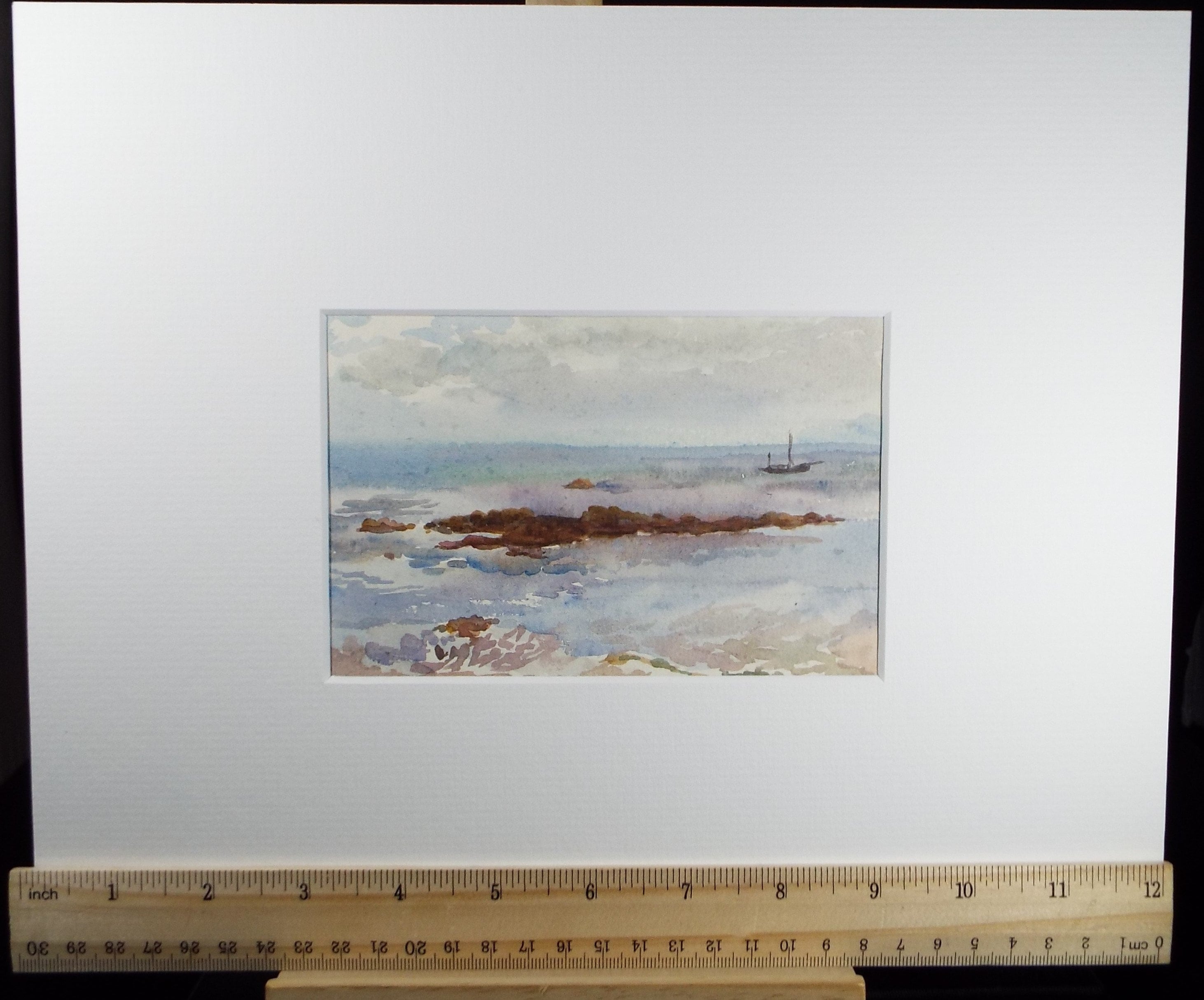 Original Watercolour, 'Rocky Shore with moored boat', Early 20th Century, Unknown Artist