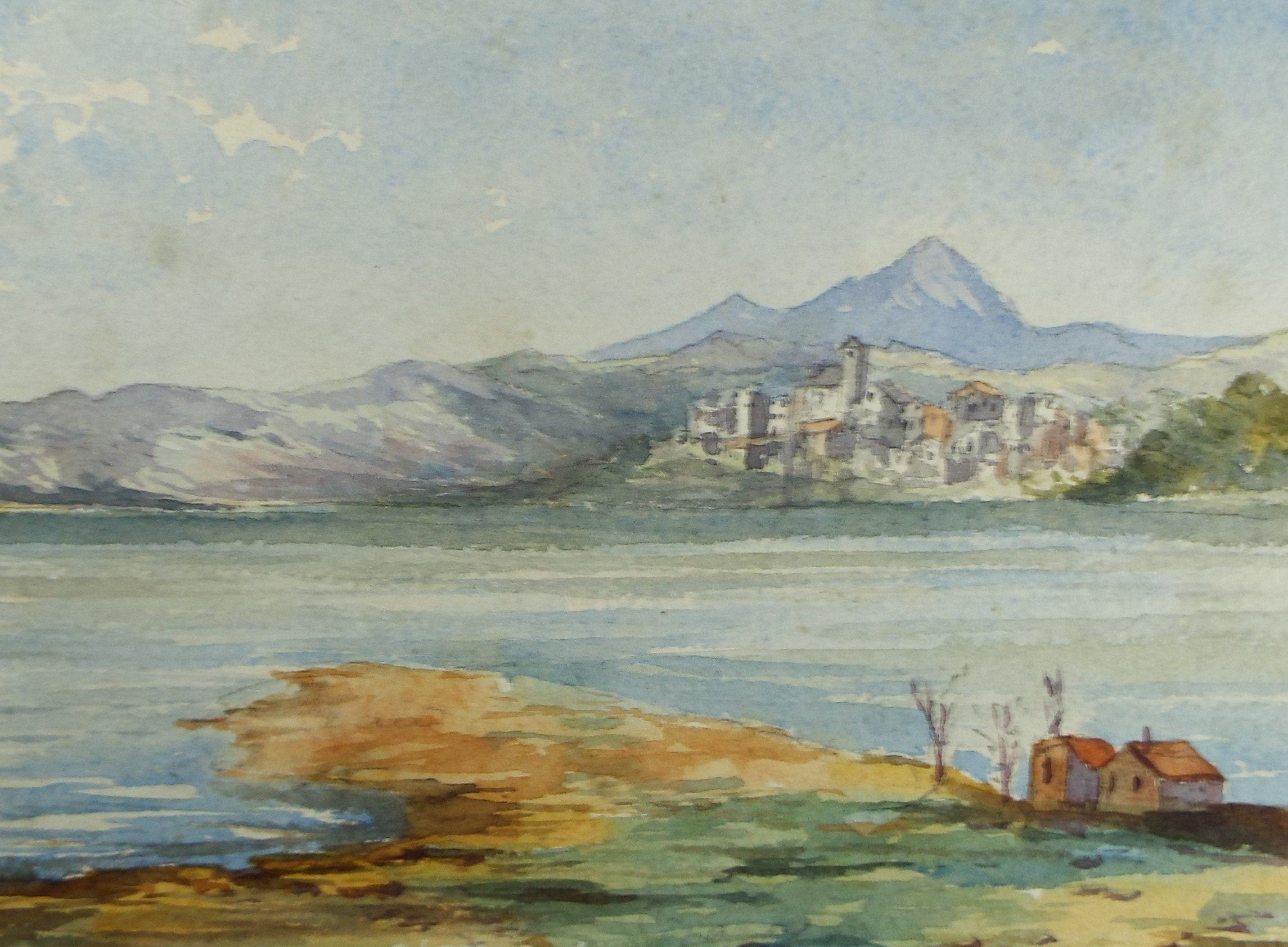 Original Watercolour , 'Waterside Town - Spain', Late 19th Century, Unknown artist